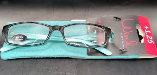 Wink By ICU Eyewear +1.25 Reading Glasses Readers Black & Turquoise New w/Case