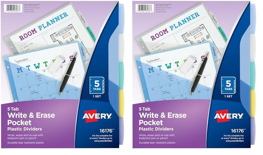 Avery 16176 Write & Erase Big Tab Plastic Dividers w/Slash Pocket, 5-Tab, Letter (Pack of 2)