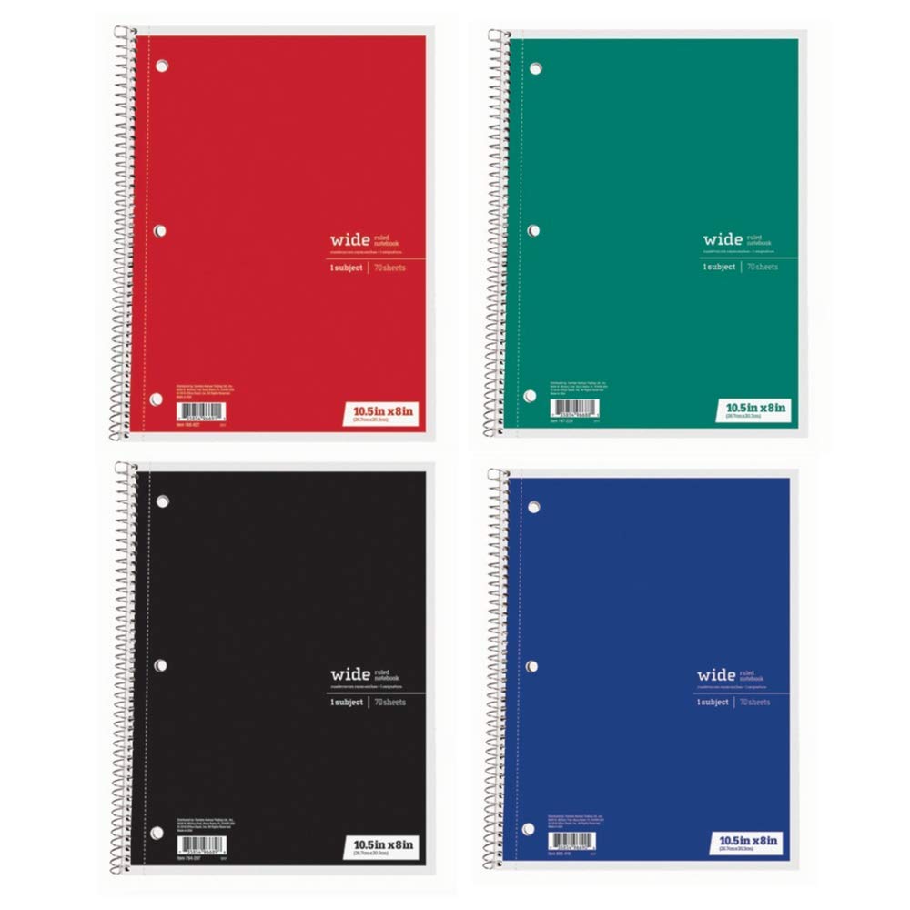 Office Depot Wide Ruled Spiral Notebooks, Set of 4 Wide Ruled Notebooks, 70 sheets, 1 Subject, 10.5" x 8" - Red, Green, Blue, Black