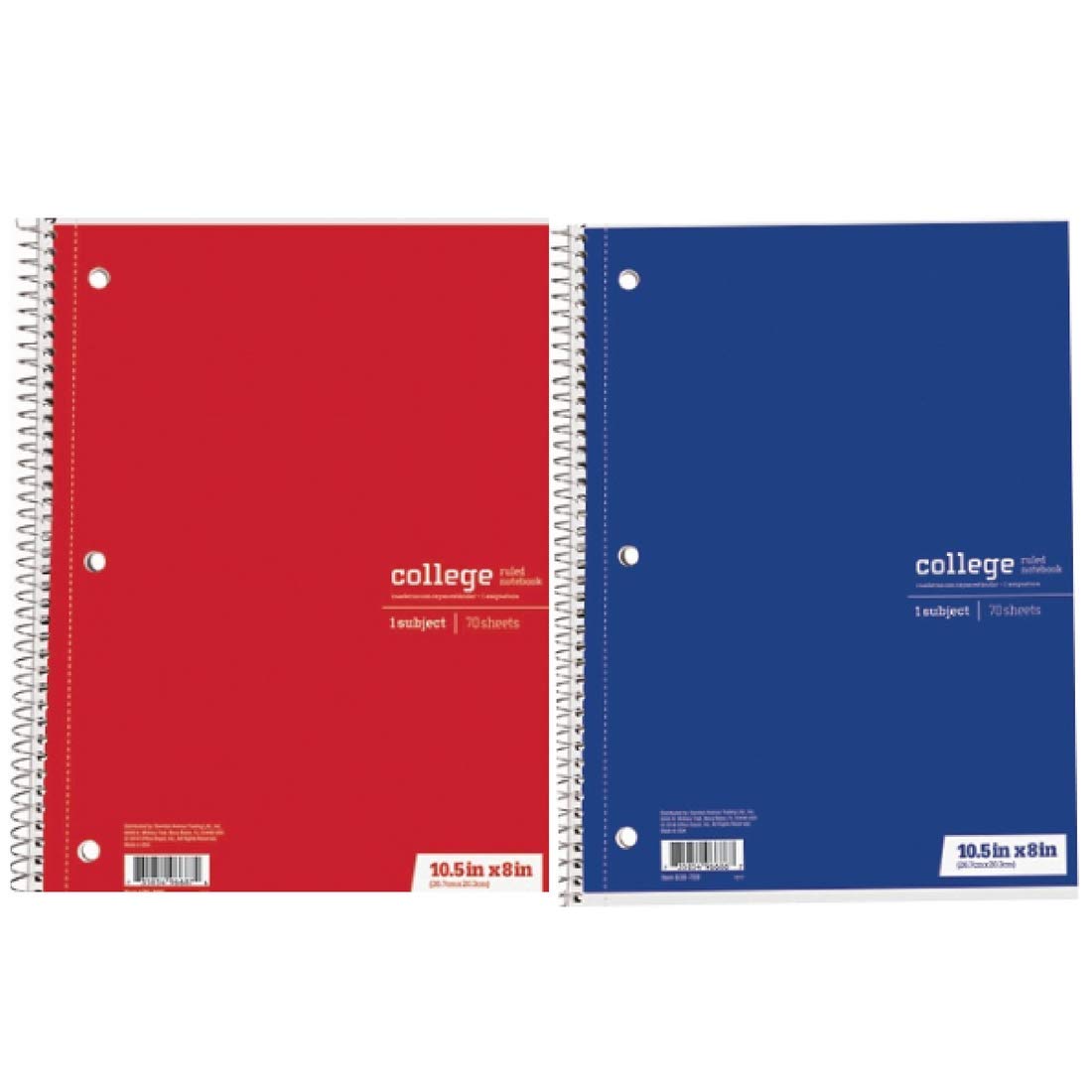Office Depot College Ruled Spiral Notebooks 70 Sheets 10.5 inch x 8 inch Red and Blue