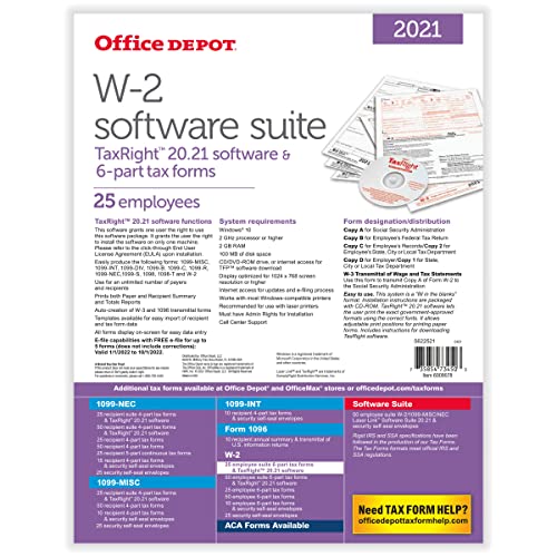 Office Depot Brand W-2 Laser Tax Forms with Software, 6-Part, 2-Up, 8-1/2" x 11", Pack of 25 Form Sets