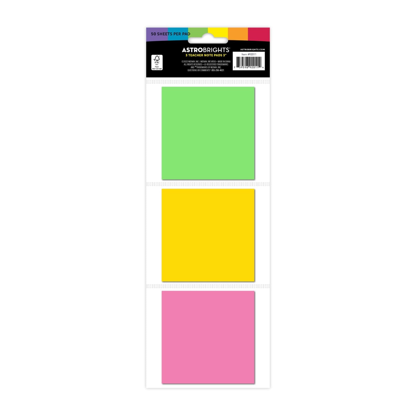 Astrobrights® Teacher Notes, 3" x 3", Assorted Colors, 50 Sheets Per Pack, Set of 3 Packs