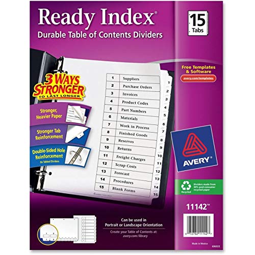 Avery 11142 Ready Index Toc Dividers, Tabs 1-15, Letter Size, White, 15 Tabs/St