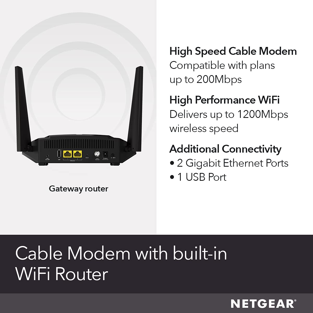NETGEAR Cable Modem WiFi Router Combo C6220 - Compatible With All Cable Providers Including Xfinity by Comcast, Spectrum, Cox | For Cable Plans Up to 200 Mbps | AC1200 WiFi Speed | DOCSIS 3.0