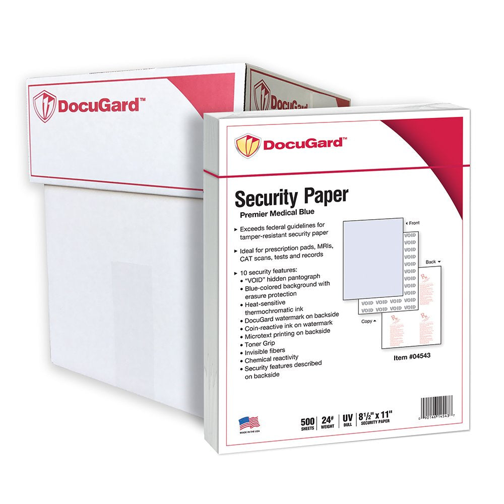 DocuGard Premier Medical Security Paper for Printing Prescriptions and Preventing Fraud, CMS Approved, 10 Security Features, Laser and Inkjet Safe, Blue, 8.5 x 11, 24 lb., 2500 Sheets (04543C)