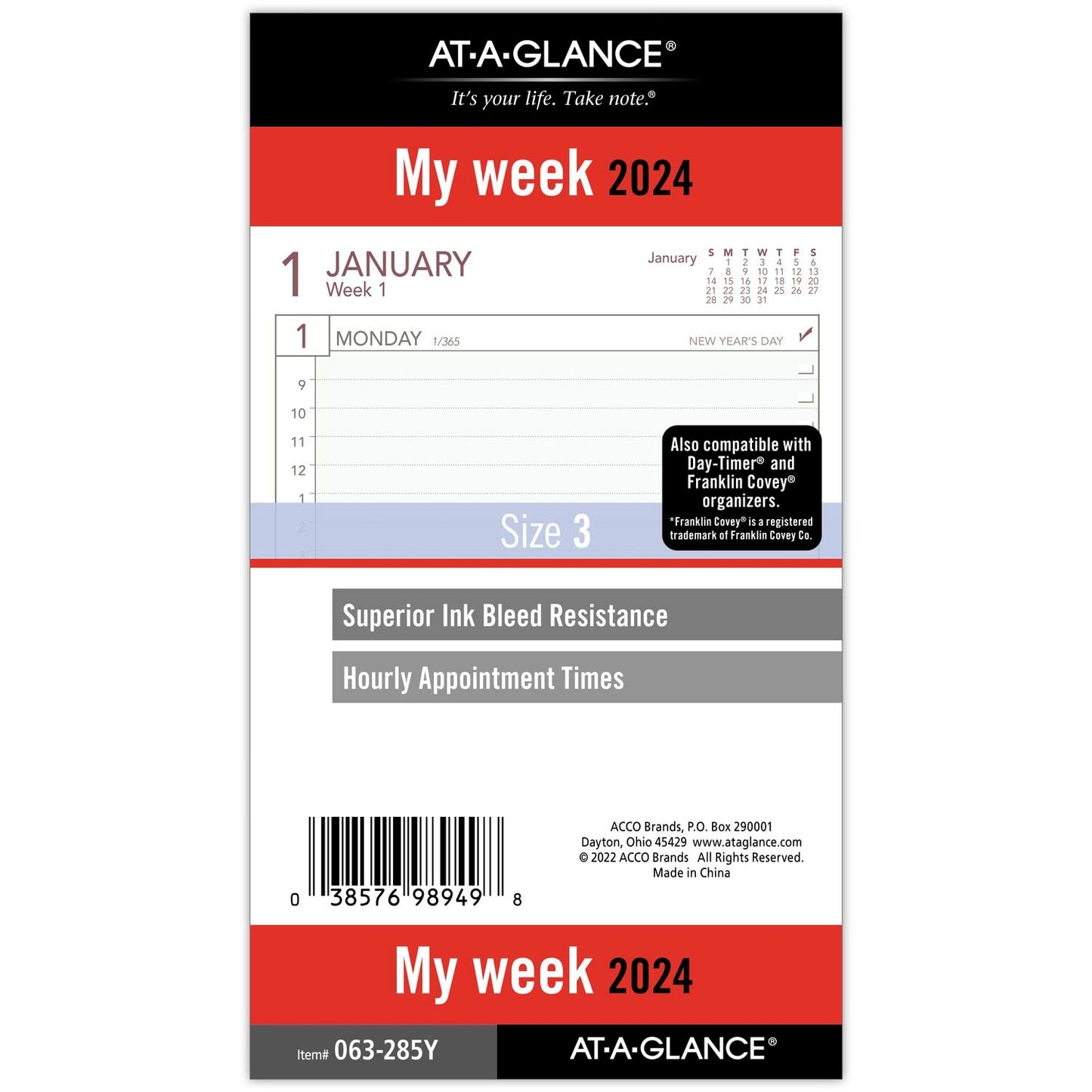 AT-A-GLANCE 2024 Planner Refill, Weekly, 3-3/4" x 6-3/4", Portable Size 3, Loose-Leaf (063-285Y)