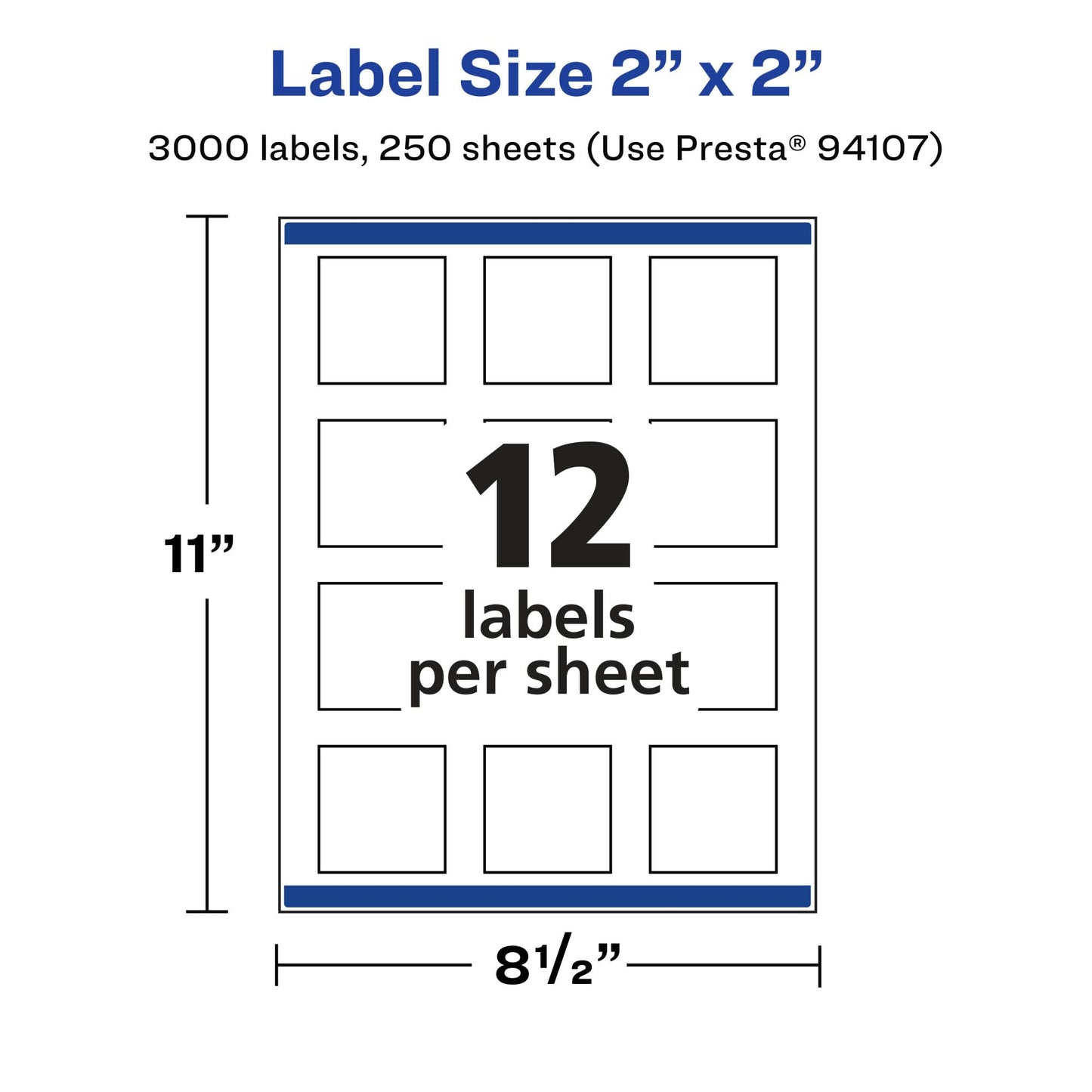 Avery Matte White Square Labels with Sure Feed, 2" x 2", 3,000 Matte White Printable Labels