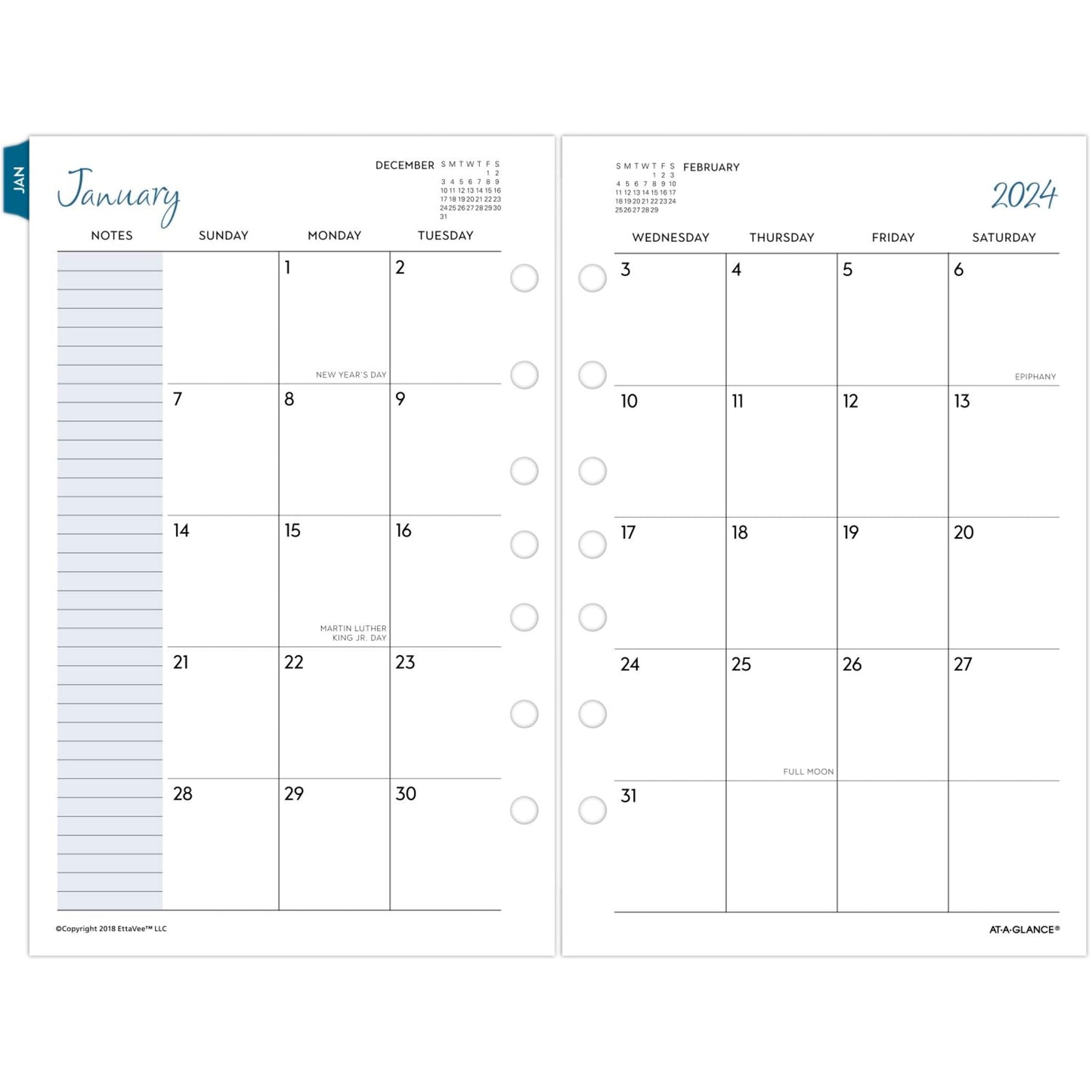 AT-A-GLANCE® EttaVee Daily/Monthly Loose-Leaf Planner Refill Pages, 5-1/2" x 8-1/2", January to December 2024, EV81-125