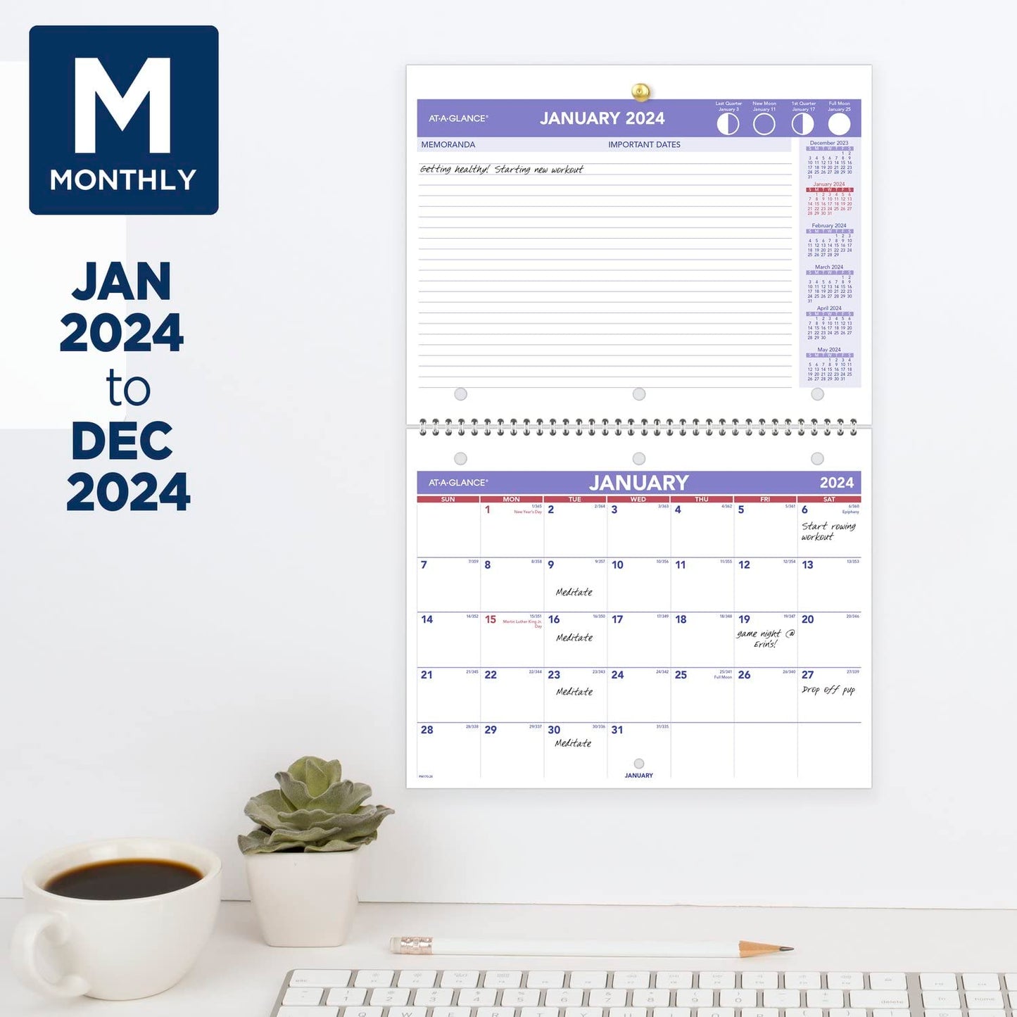 AT-A-GLANCE 2024 Wall & Desk Calendar, 8-1/2" x 11", Small, Unruled Blocks, Spiral Bound, Monthly (PM1702824)