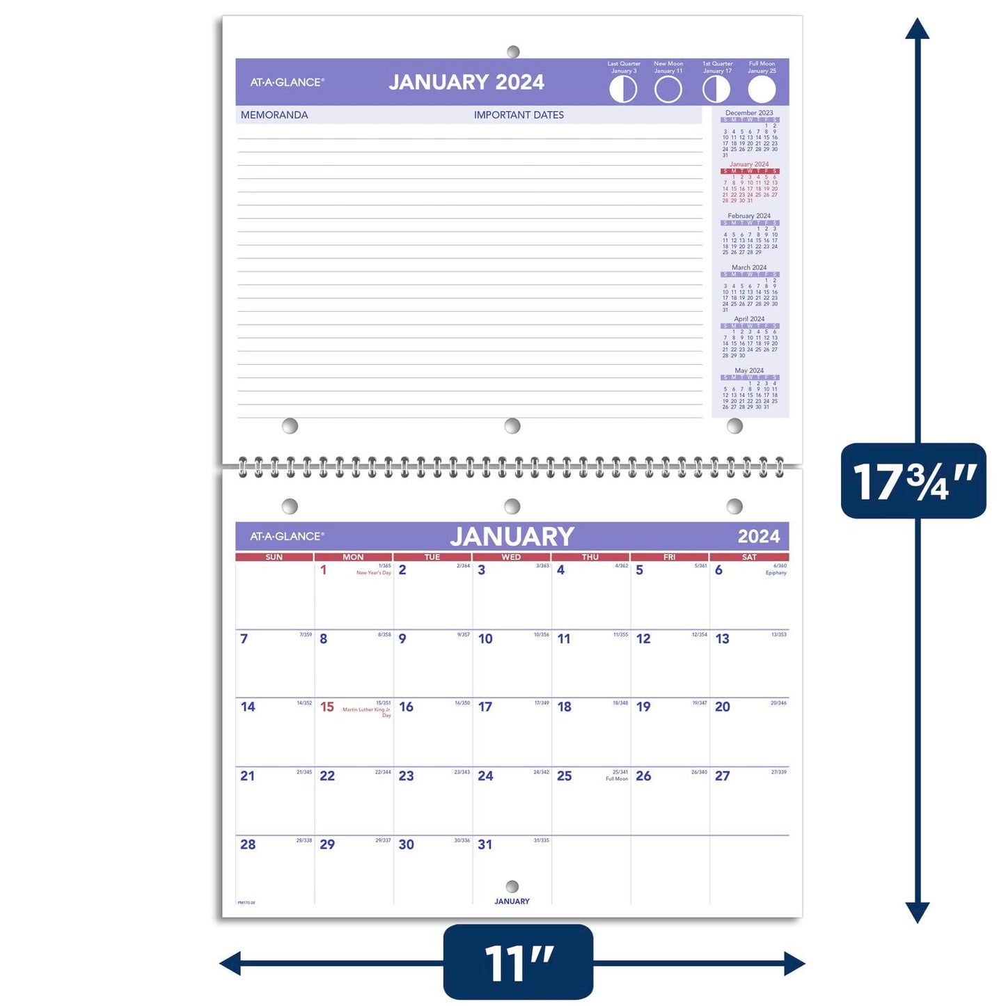 AT-A-GLANCE 2024 Wall & Desk Calendar, 8-1/2" x 11", Small, Unruled Blocks, Spiral Bound, Monthly (PM1702824)