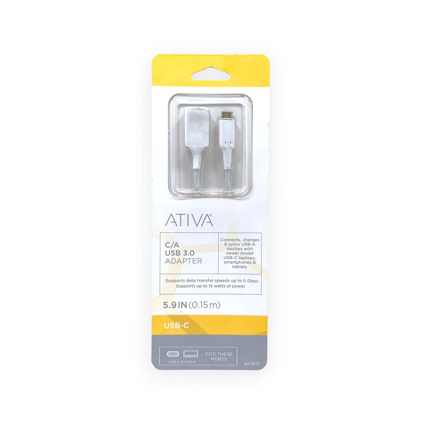 ATIVA USB 3.0 USB-C to USB-A Adapter, 5.9", White, 32454