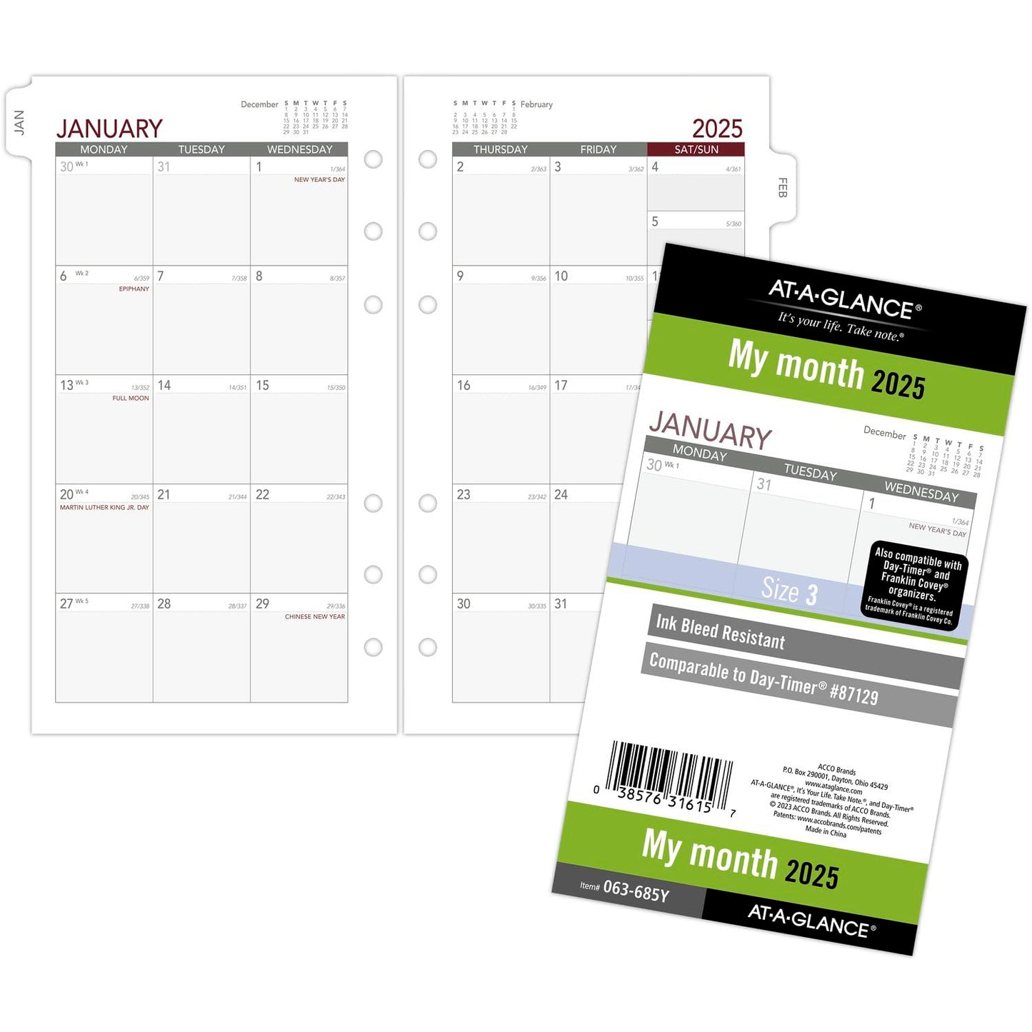 AT-A-GLANCE 2025 Planner Refill, Monthly, 3-3/4" x 6-3/4", Portable Size 3, Loose-Leaf (063-685Y)