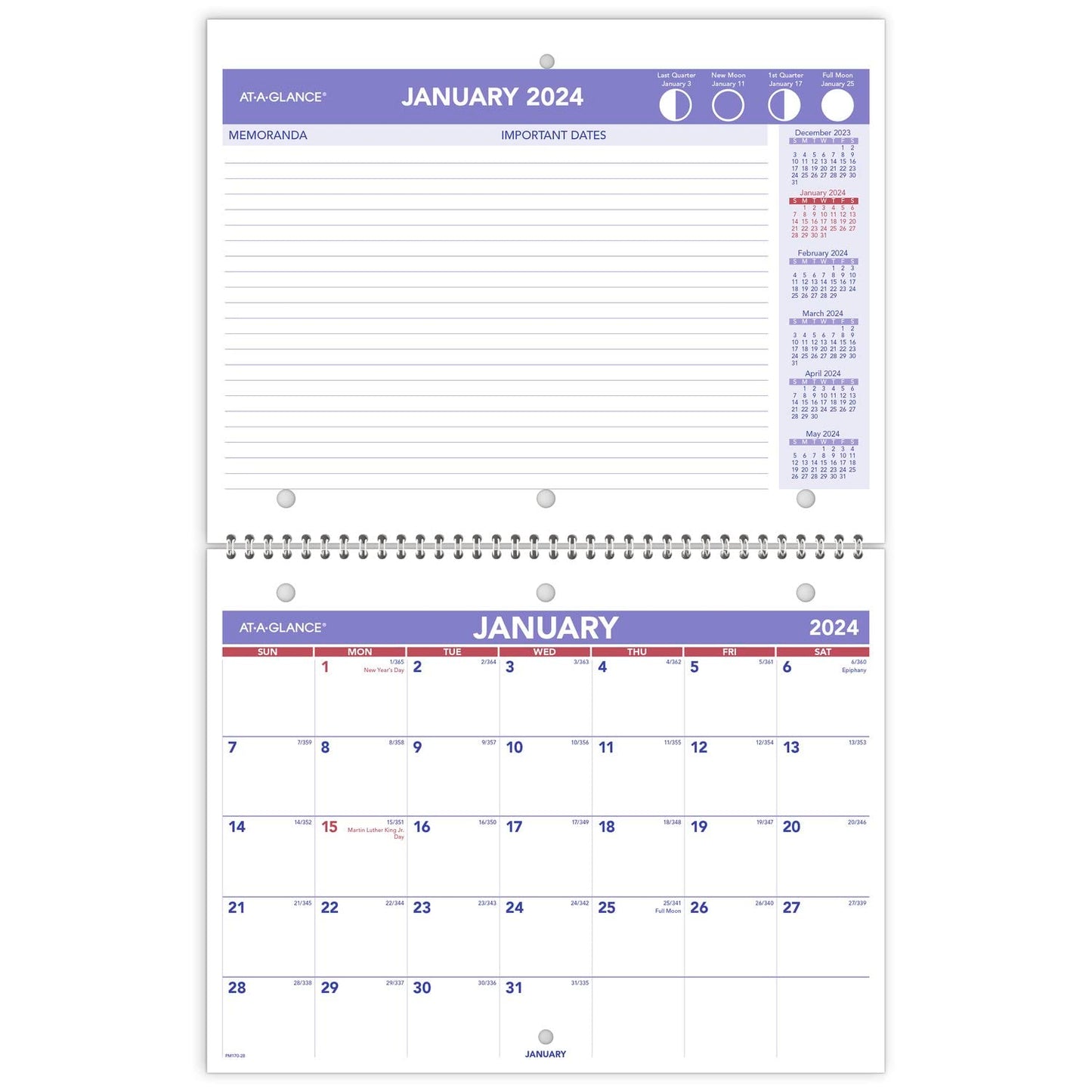 AT-A-GLANCE 2024 Wall & Desk Calendar, 8-1/2" x 11", Small, Unruled Blocks, Spiral Bound, Monthly (PM1702824)