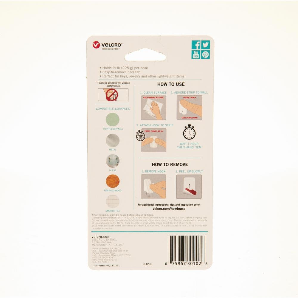 VELCRO Brand HANGables Removable Wall Hooks | Easy-to-Remove Wall Fasteners | Damage-Free, Non-Permanent Hooks for Lightweight Items | Micro, Holds 1/2 lb, White, 4-Pack