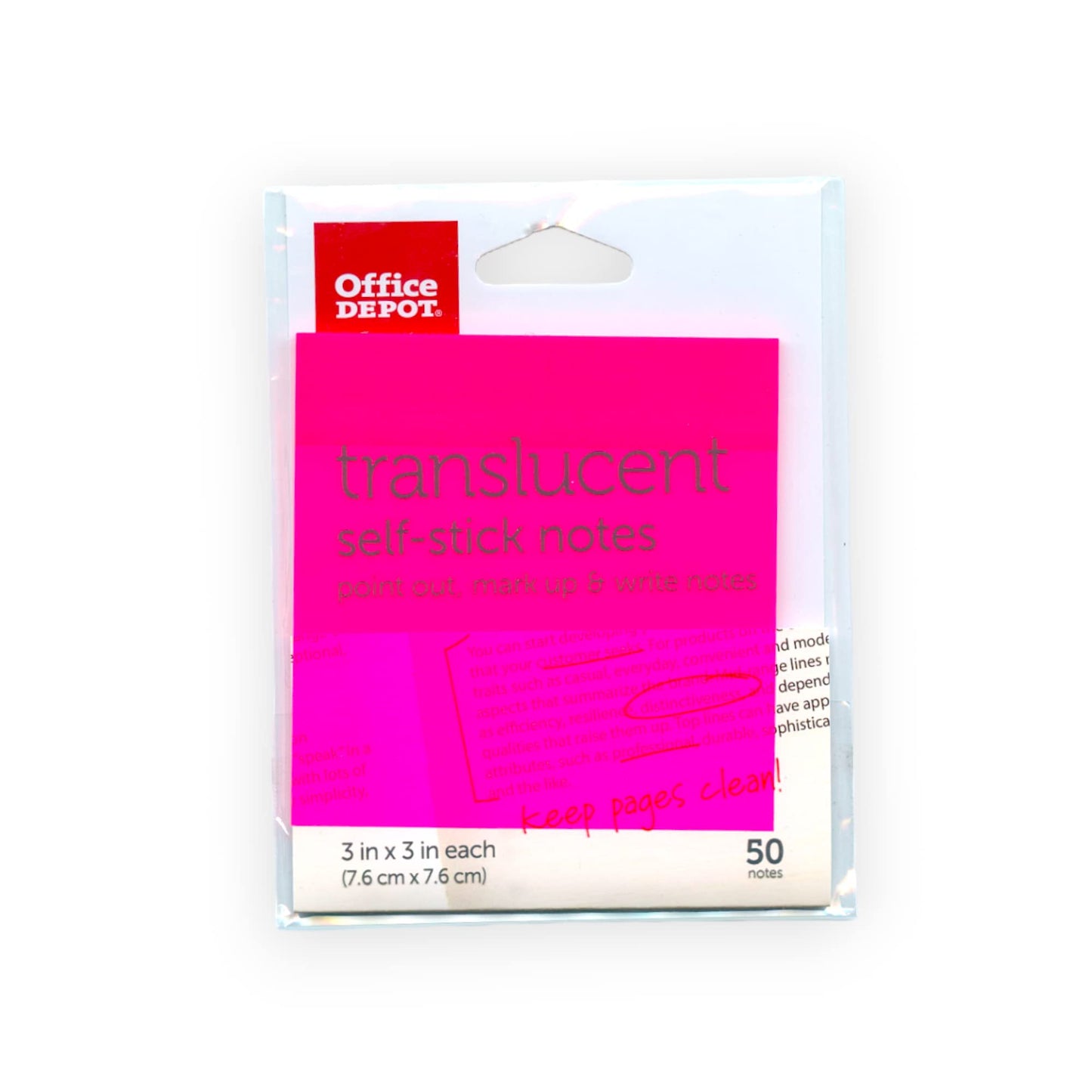 Office Depot Translucent Sticky Notes, 3"x3", 50-Note Pad (Pink)