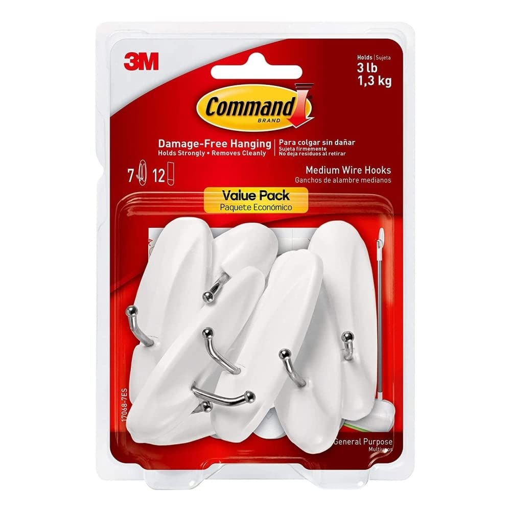 Command Medium Wire Hooks, Damage Free Hanging Wall Hooks with Adhesive Strips, No Tools Wall Hooks for Hanging Decorations in Living Spaces, 7 White Hooks and 12 Command Strips