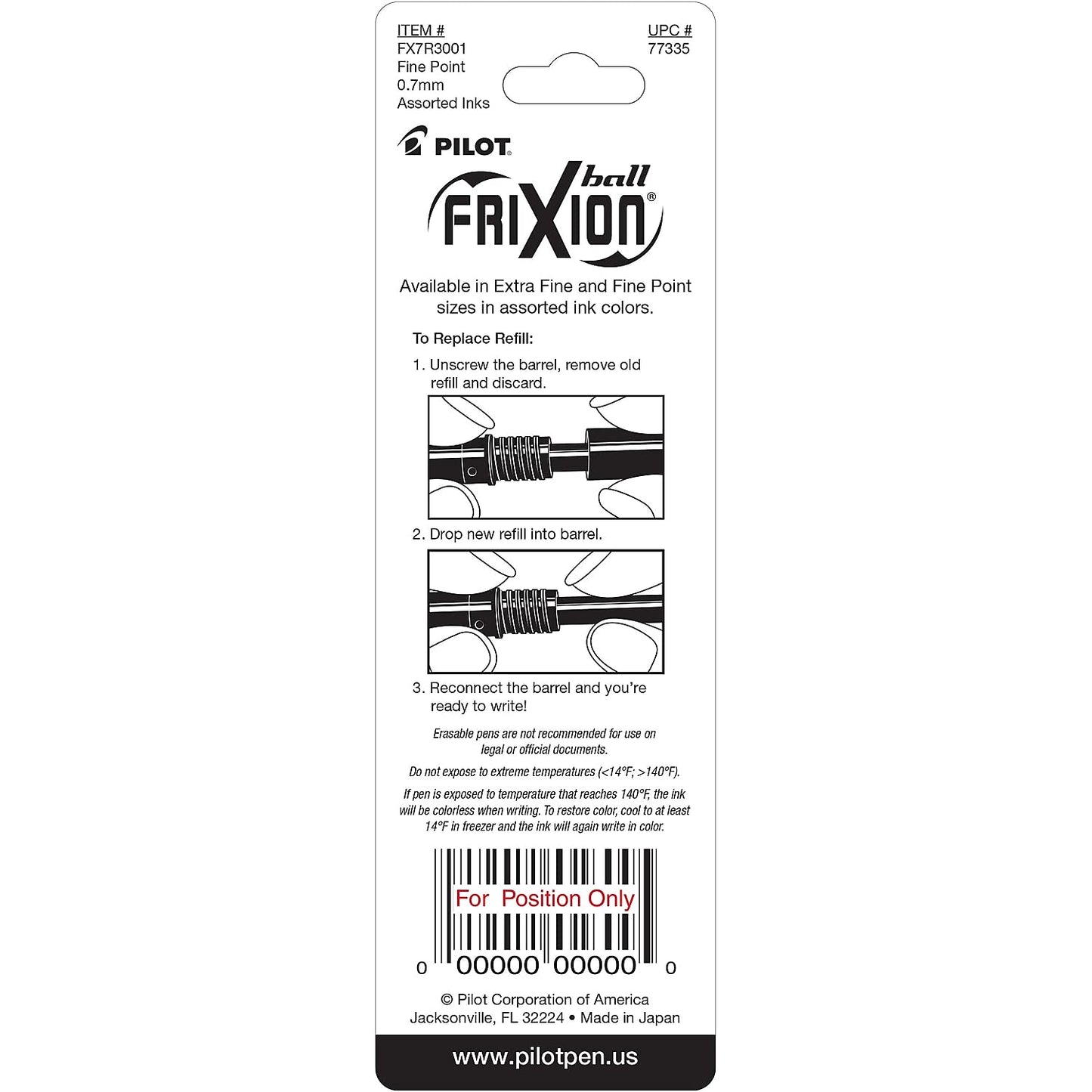 Pilot 77335 Refill for FriXion Erasable Gel Ink Pen, Assorted, 3/Pk