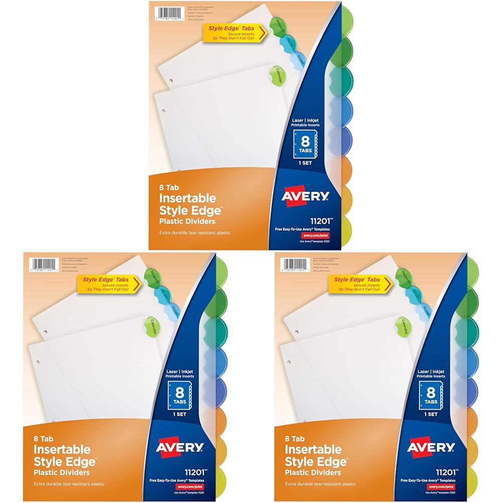 Avery Insertable Style Edge Plastic Dividers for 3 Ring Binders, 8-Tab Set, Multicolor, 1 Set (11201) (Pack of 3)