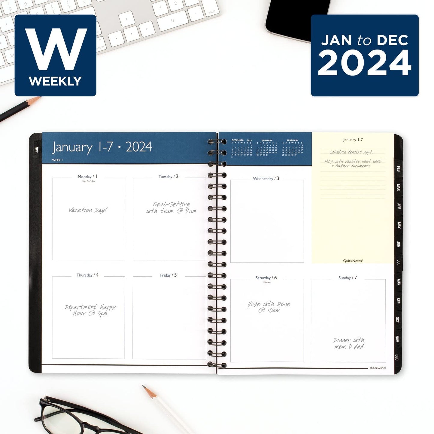 AT-A-GLANCE 2024 Weekly & Monthly Planner, 8" x 11", Large, QuickNotes, Black (7603520524)