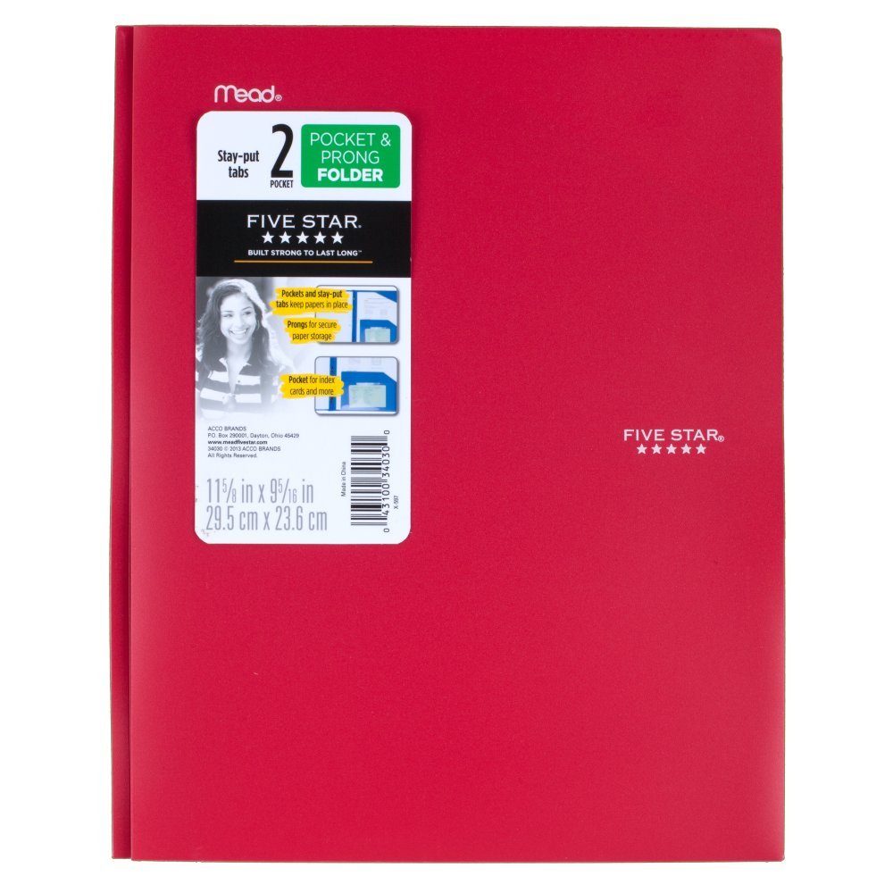 Five Star 2 Pocket Folders with Prong Fasteners, Stay-Put Folder, Folders with Pockets, Color Selected For You, 1 Count (34030)