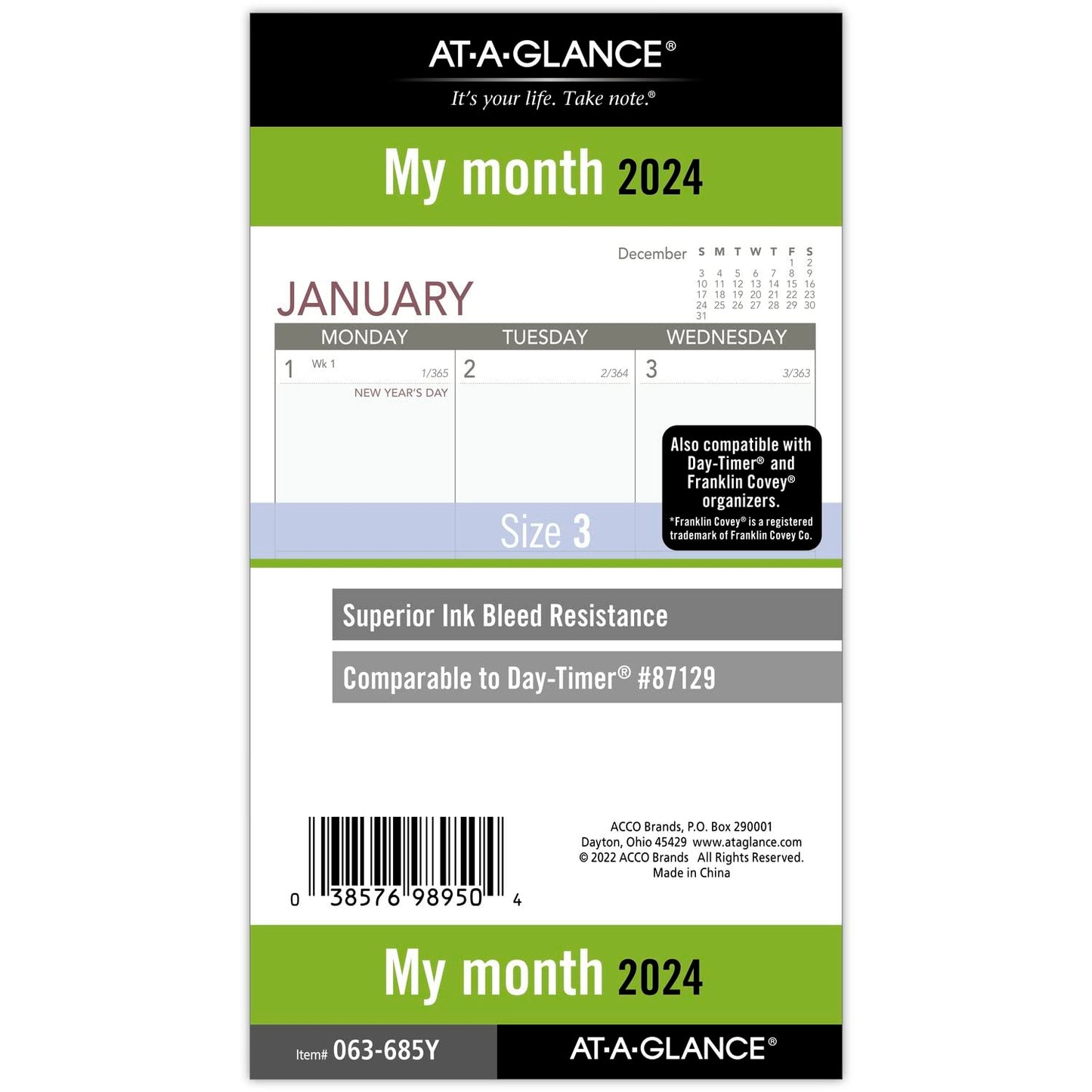 AT-A-GLANCE 2024 Monthly Planner Refill, 3-3/4" x 6-3/4", Portable Size 3, Loose-Leaf (063-685Y)