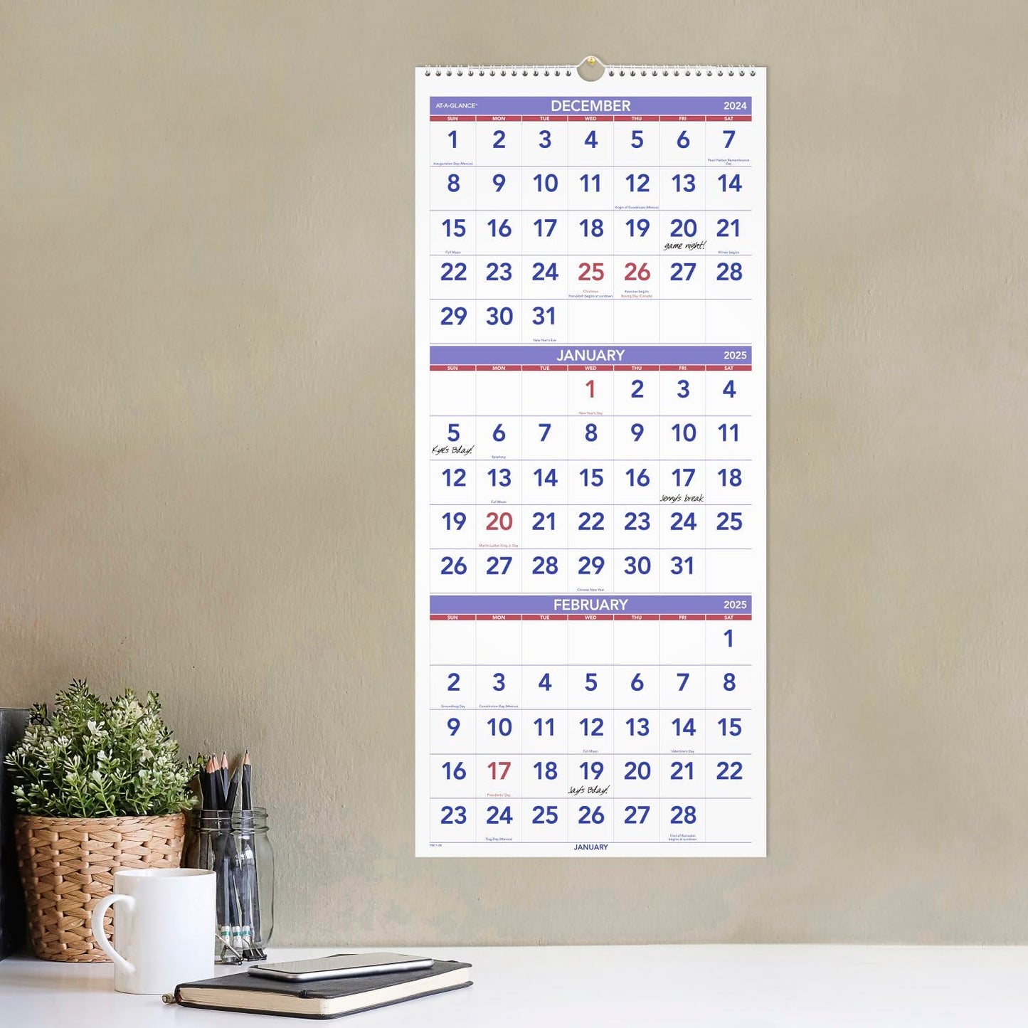 AT-A-GLANCE 2025 Wall Calendar, 12" x 27", Large, Vertical, 3-Month Reference (PM112825)