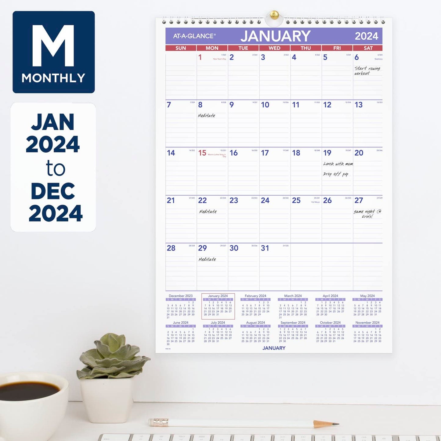 AT-A-GLANCE 2024 Wall Calendar, 12" x 17", Medium Tall, Spiral Bound, Monthly (PM22824)
