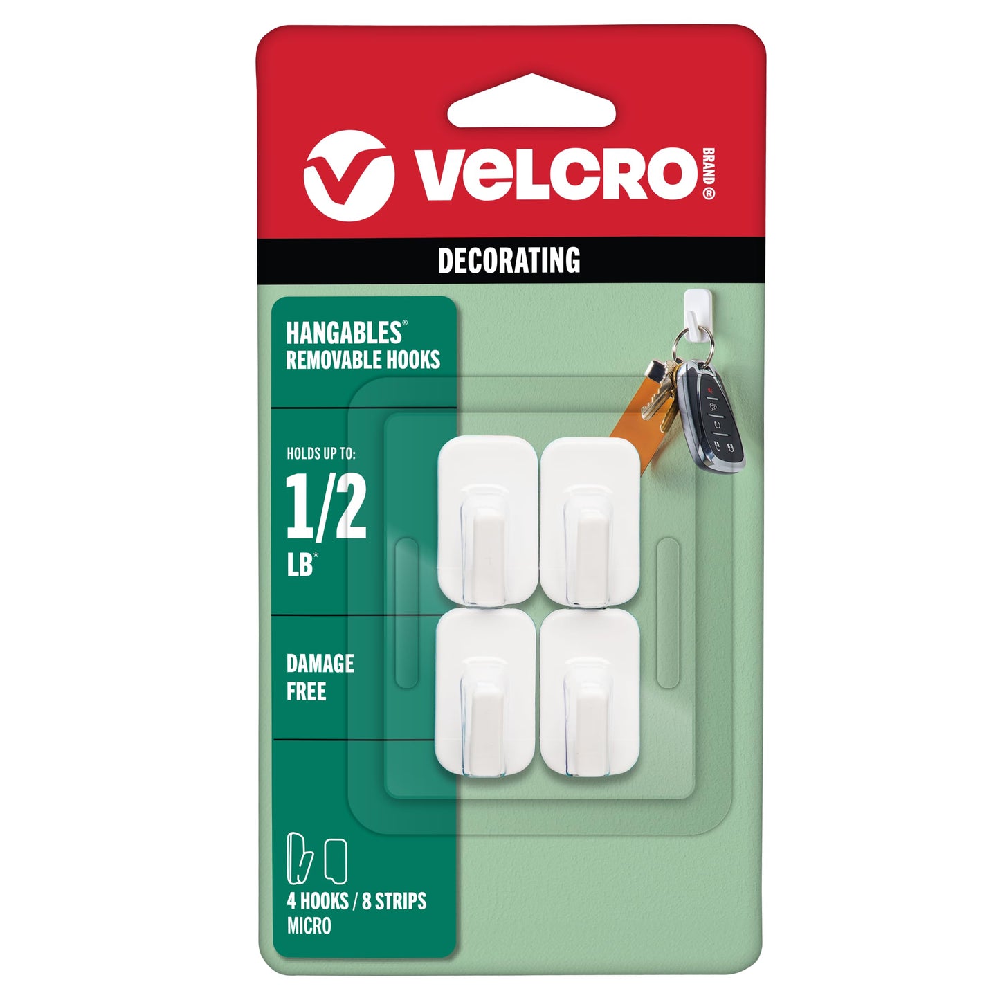 VELCRO Brand HANGables Removable Wall Hooks | Easy-to-Remove Wall Fasteners | Damage-Free, Non-Permanent Hooks for Lightweight Items | Micro, Holds 1/2 lb, White, 4-Pack