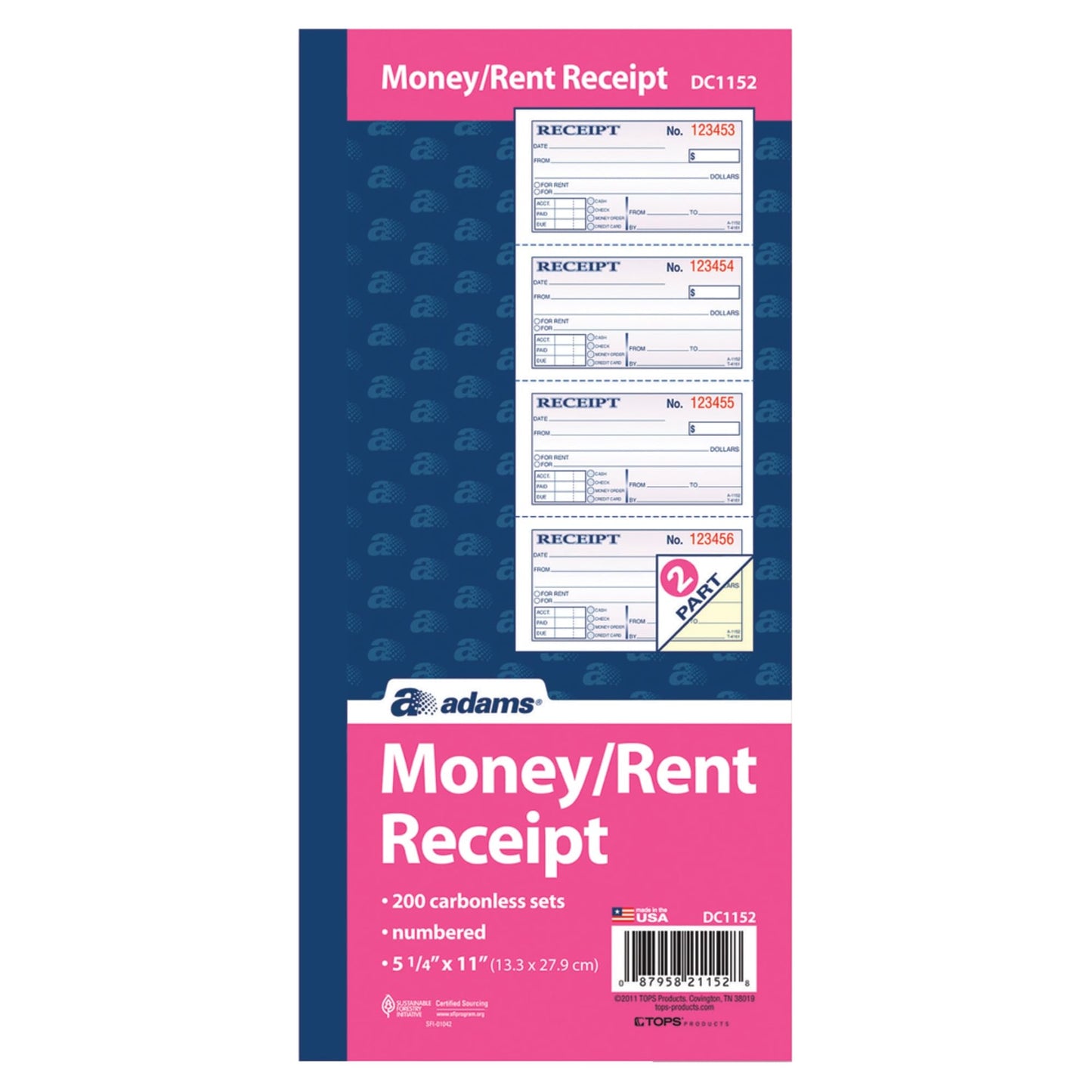 Adams Money and Rent Receipt, Carbonless, 5.25 x 11 Inches, White and Canary, 2-Parts, 4 Sets per Page, 200 Sets per Book (DC1152)
