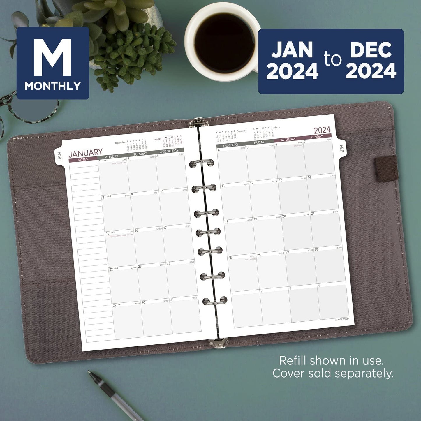 AT-A-GLANCE 2024 Monthly Planner Refill, 5-1/2" x 8-1/2", Desk Size, Loose-Leaf, Unruled Blocks (061-685Y-24)