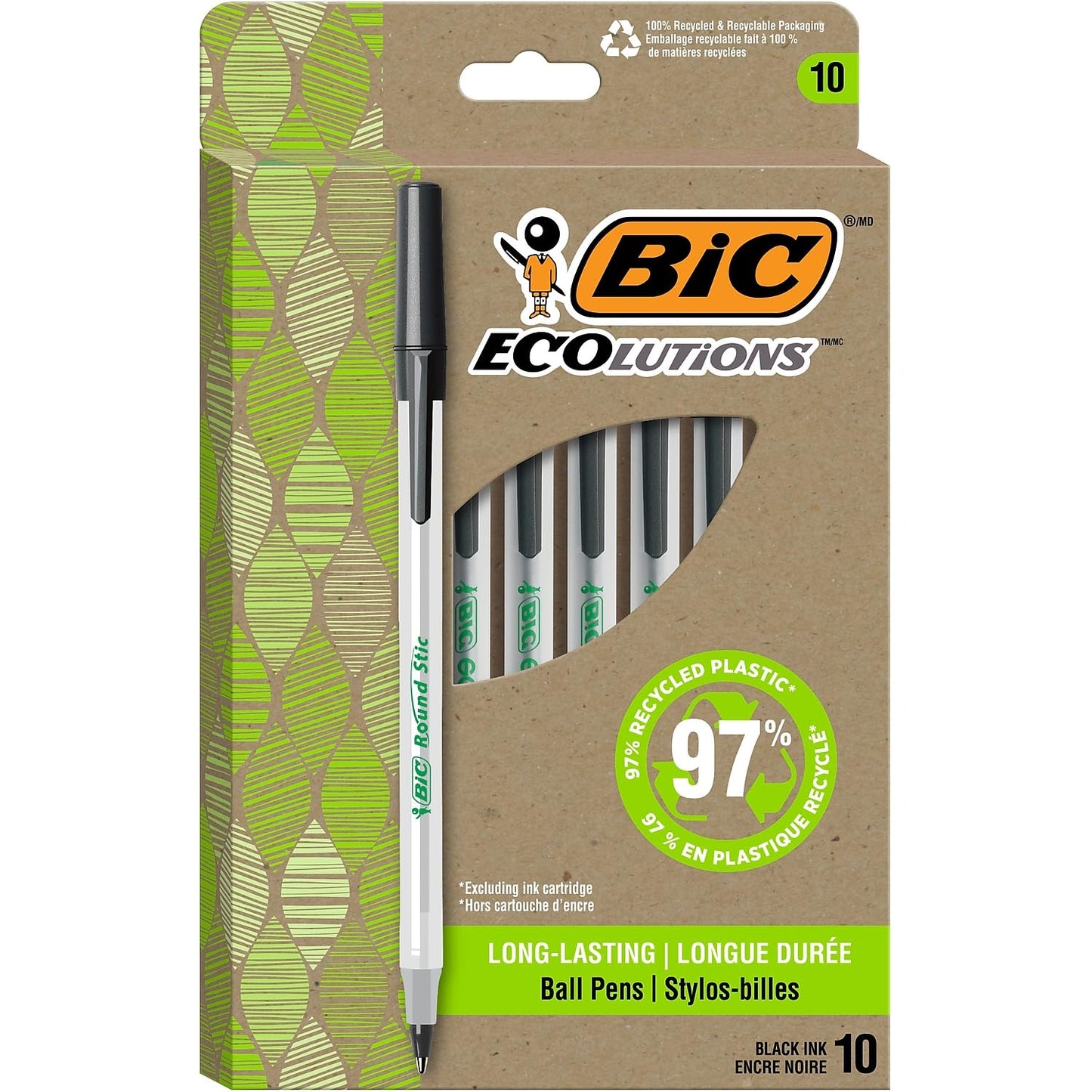 BIC ReVolution Round Stic Ballpoint Pen, Black, 1 Count (Pack of 10)