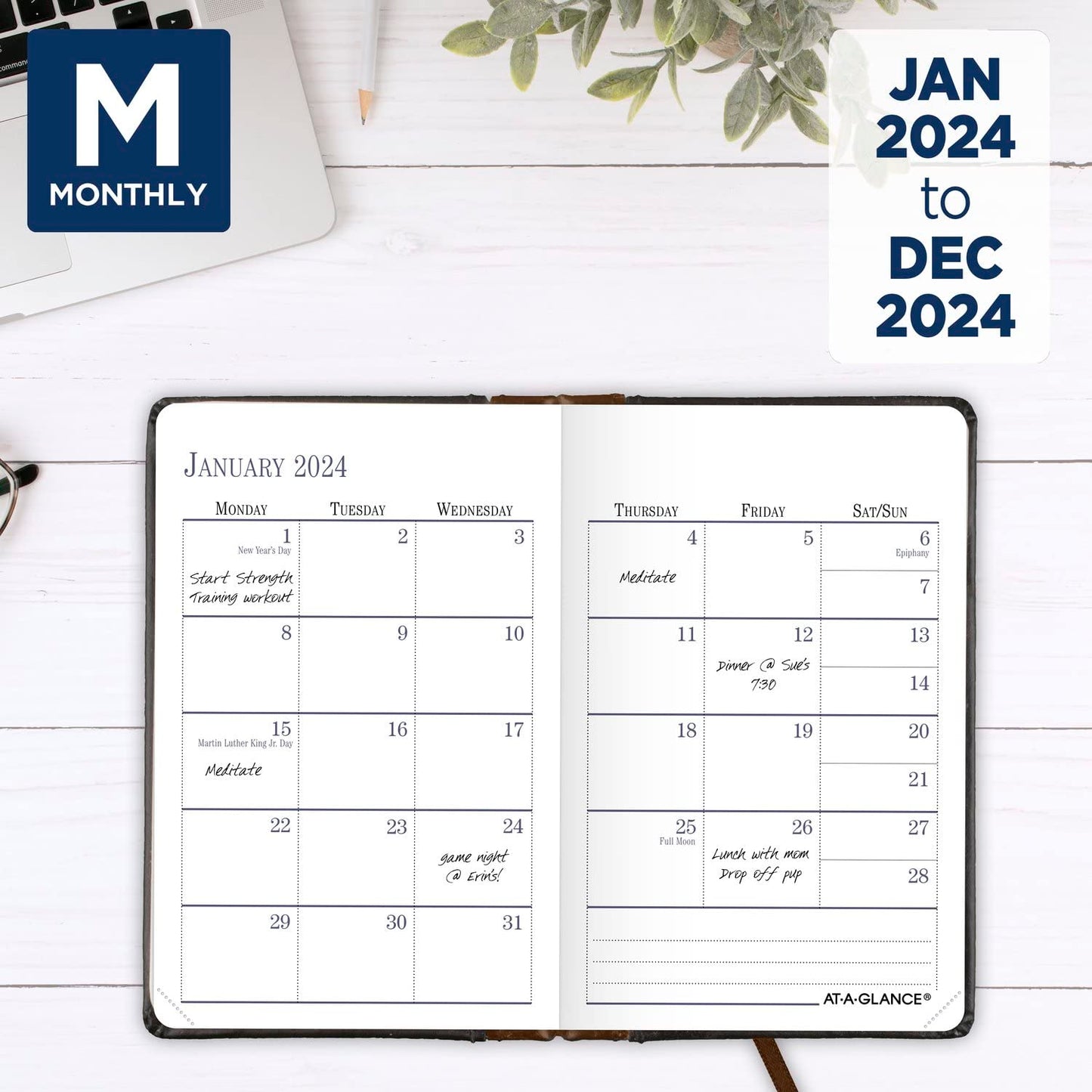 AT-A-GLANCE Fine Diary 2024 Weekly & Monthly Diary, 2-3/4" x 4-1/4", Pocket Size, Black Brown (74010524)