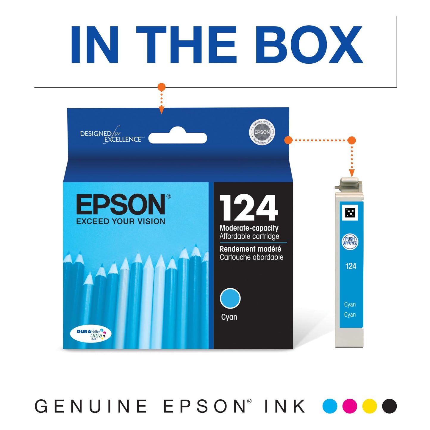 Epson 124 DURABrite Ultra Ink Standard Capacity Cyan Cartridge (T124220-S) Works with Stylus NX-125, NX-127, NX-130, NX-230, NX-330, NX-420, NX-430, WorkForce WF-320, WF-323, WF-325, WF-435