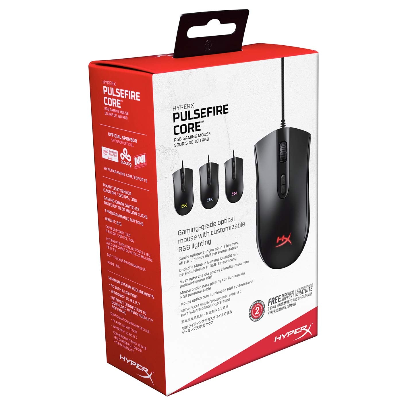 HyperX Pulsefire Core - RGB Gaming Mouse, Software Controlled RGB Light Effects & Macro Customization, Pixart 3327 Sensor up to 6,200DPI, 7 Programmable Buttons, Mouse Weight 87g,Black