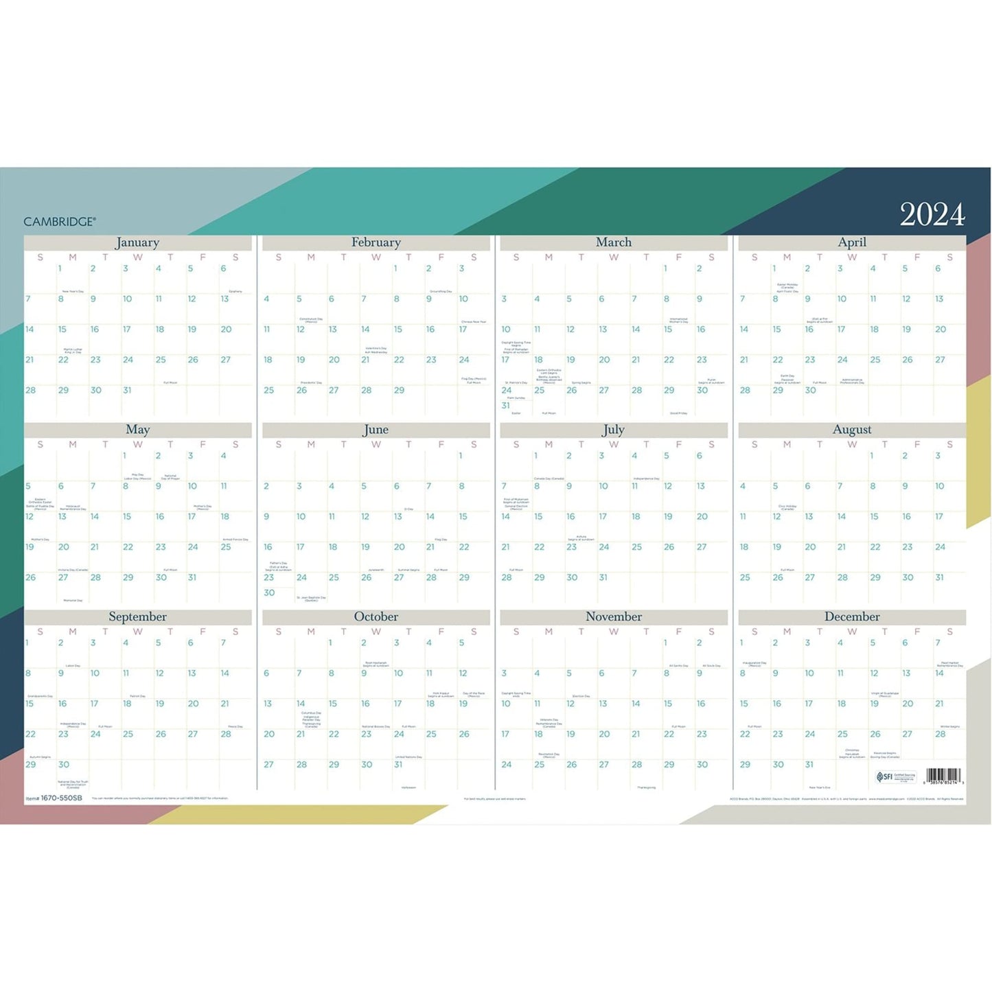 Cambridge 2023-2024 Erasable Wall Calendar, 24" x 36", Large, Academic & Regular Year, Dry Erase, Reversible, Vertical/Horizontal, Rae (1670-550SB)