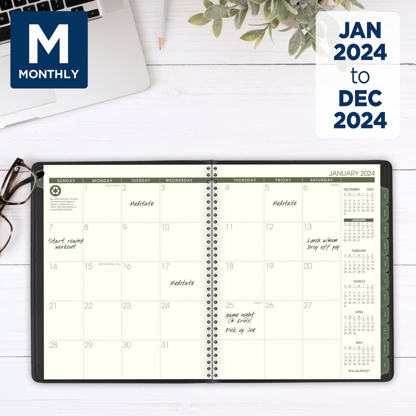 AT-A-GLANCE 2024 Weekly & Monthly Planner, Quarter-Hourly Appointment Book, 7" x 8-3/4", Medium, Recycled, Monthly Tabs, Black (70951G0524)