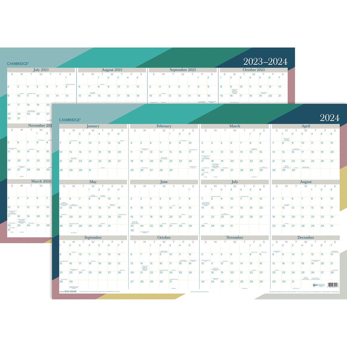 Cambridge 2023-2024 Erasable Wall Calendar, 24" x 36", Large, Academic & Regular Year, Dry Erase, Reversible, Vertical/Horizontal, Rae (1670-550SB)