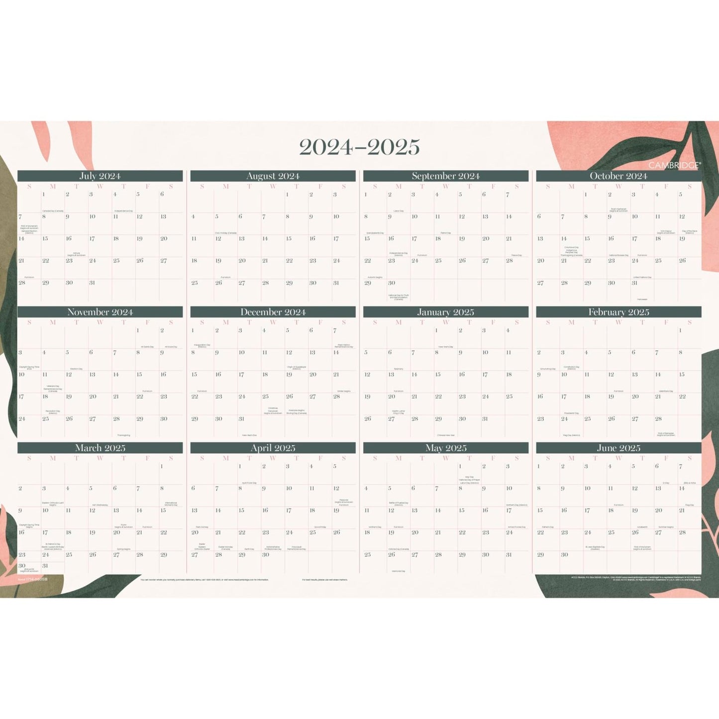 2024-2025 Cambridge® Haven Reversible Academic Year/Regular Year Erasable Wall Calendar, 24" x 36", Floral, July to June