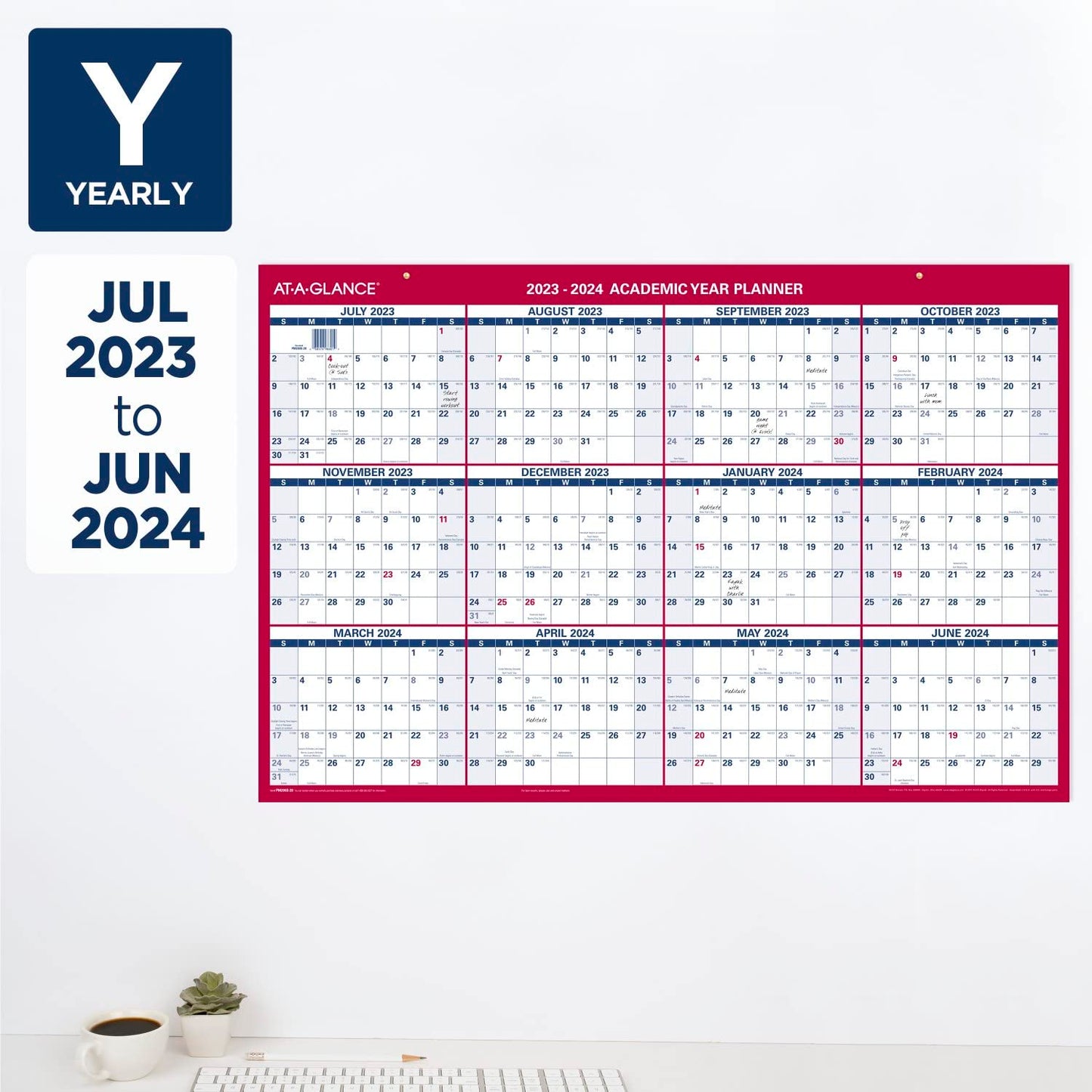 AT-A-GLANCE 2023-2024 Erasable Calendar, Dry Erase Wall Planner, 36" x 24", Large, Academic & Regular Year, Double Sided, Horizontal (PM200S2824)