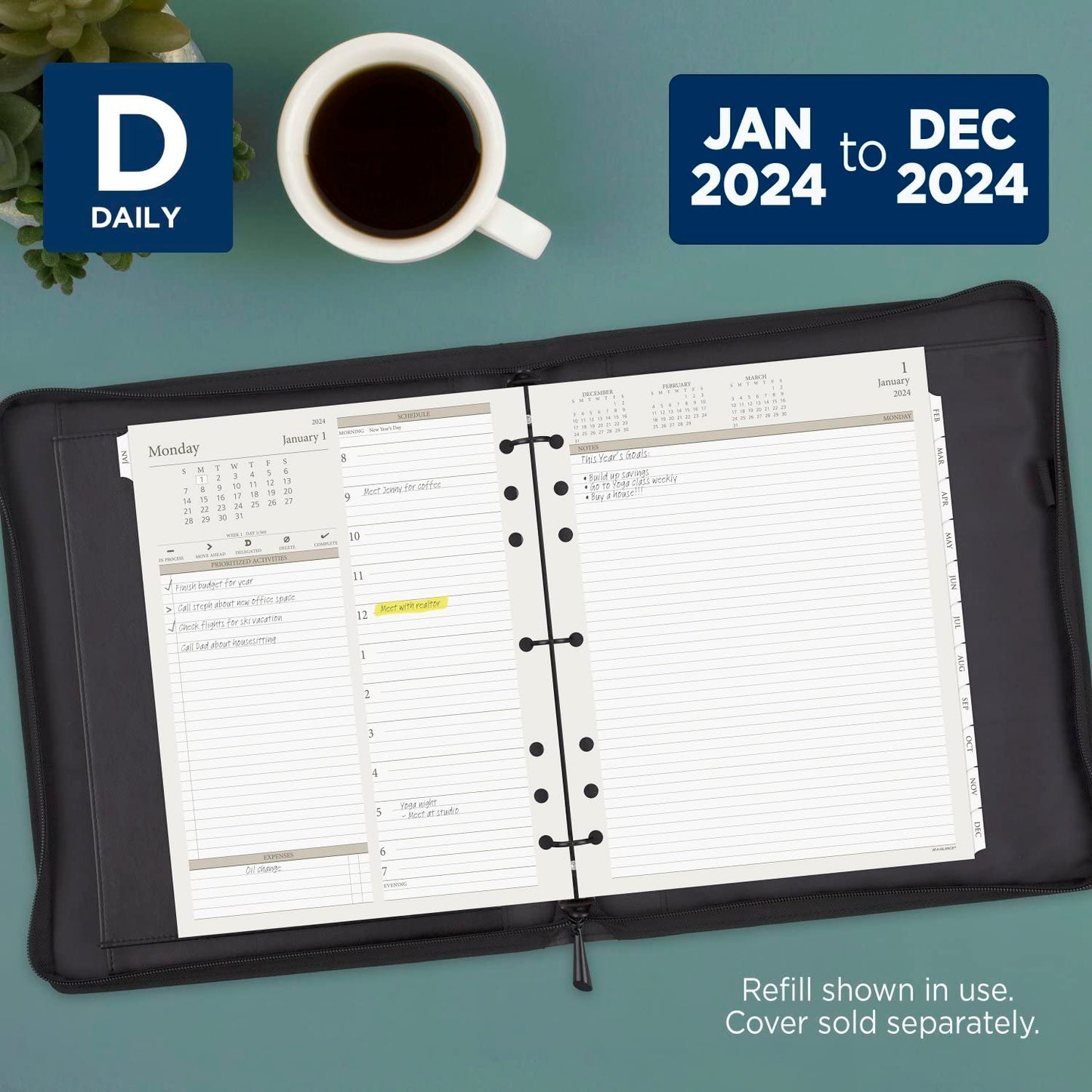 AT-A-GLANCE 2024 Daily Planner Two Page Per Day Refill, 8-1/2" x 11", Folio Size, Loose-Leaf (491-225-24)