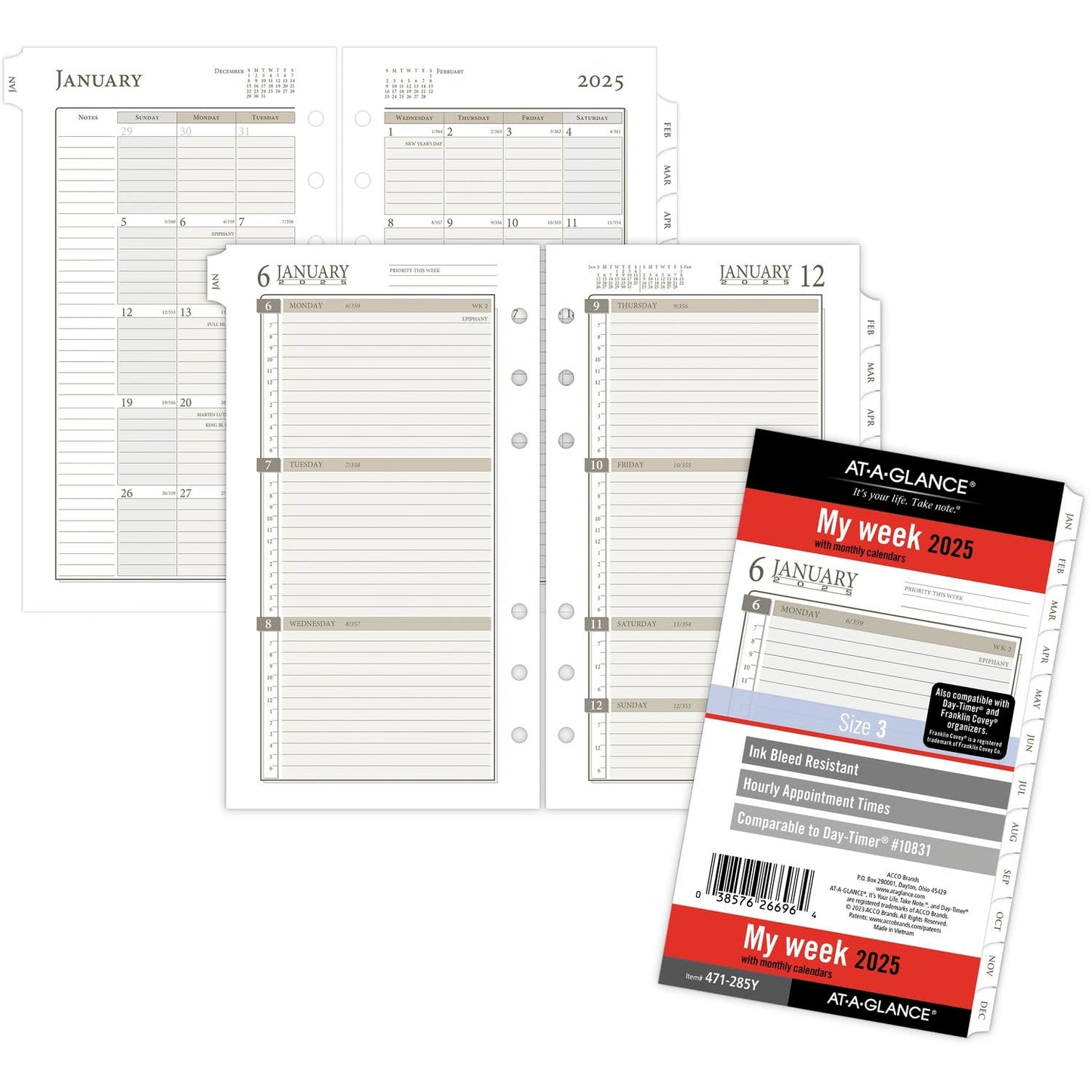 AT-A-GLANCE 2025 Planner Refill, Weekly & Monthly, 3-3/4" x 6-3/4", Portable Size, Loose-Leaf (471-285Y-25)