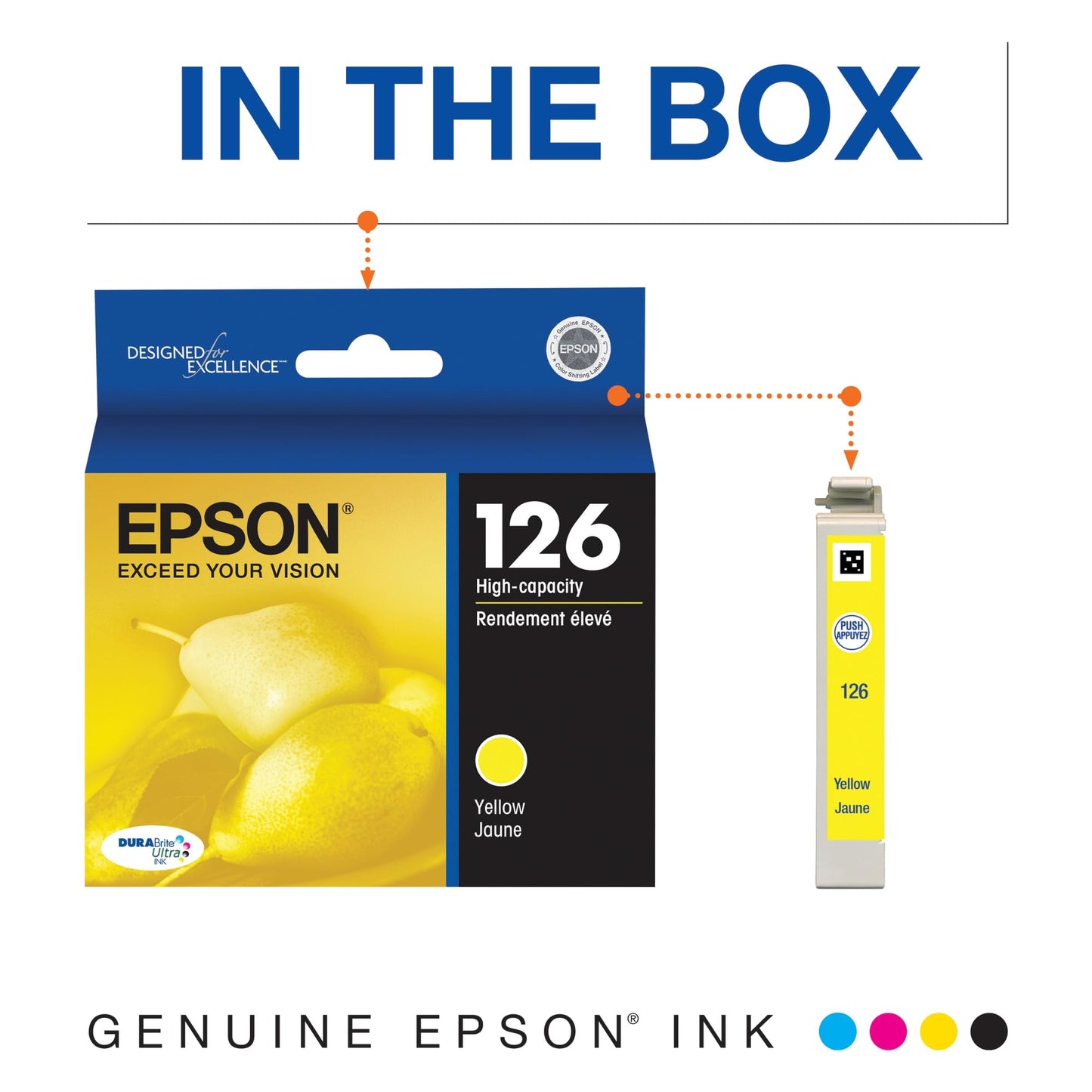 Epson 126 DURABrite Ultra Ink Yellow Cartridge for WF-3520, WF-3530, WF-3540, WF-520, WF-545, WF-630, WF-633, WF-635, WF-645, WF-7010, WF-7510, WF-7520, WF-840, WF-845 and Other Select Models