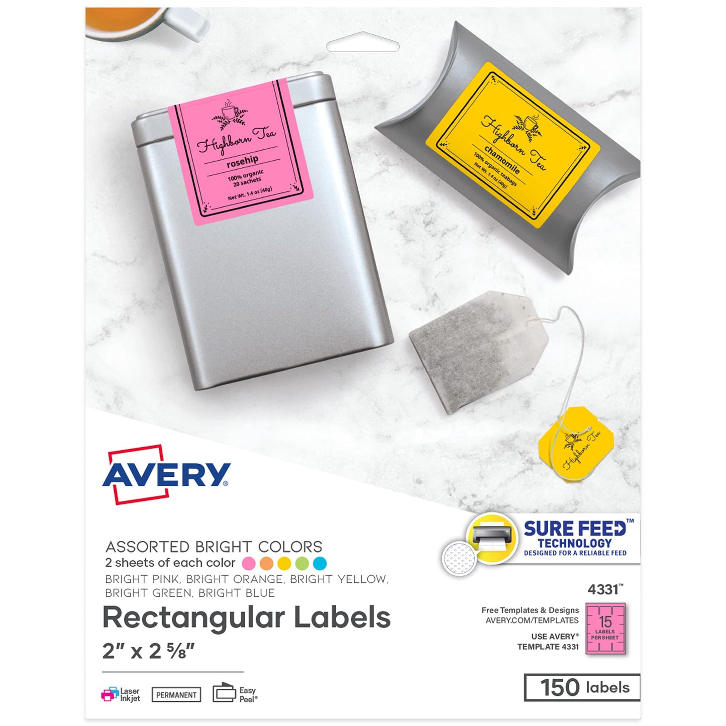 Avery Labels with Sure Feed, Assorted Bright Colors, 2" x 2-5/8", Laser/Inkjet, 150 Labels (4331)
