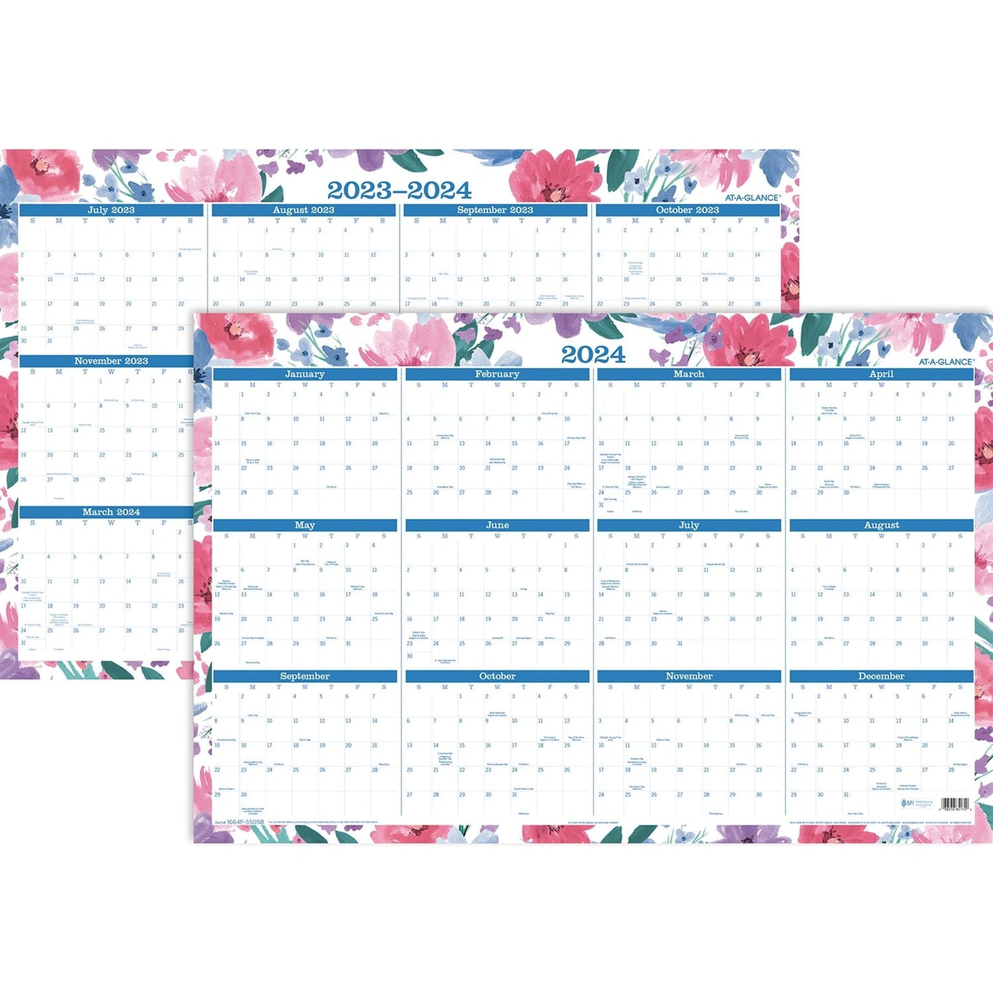 AT-A-GLANCE 2023-2024 Erasable Wall Calendar, 24" x 36", Large, Academic & Regular Year, Dry Erase, Reversible, Vertical/Horizontal, Badge Floral (1664F-550SB)