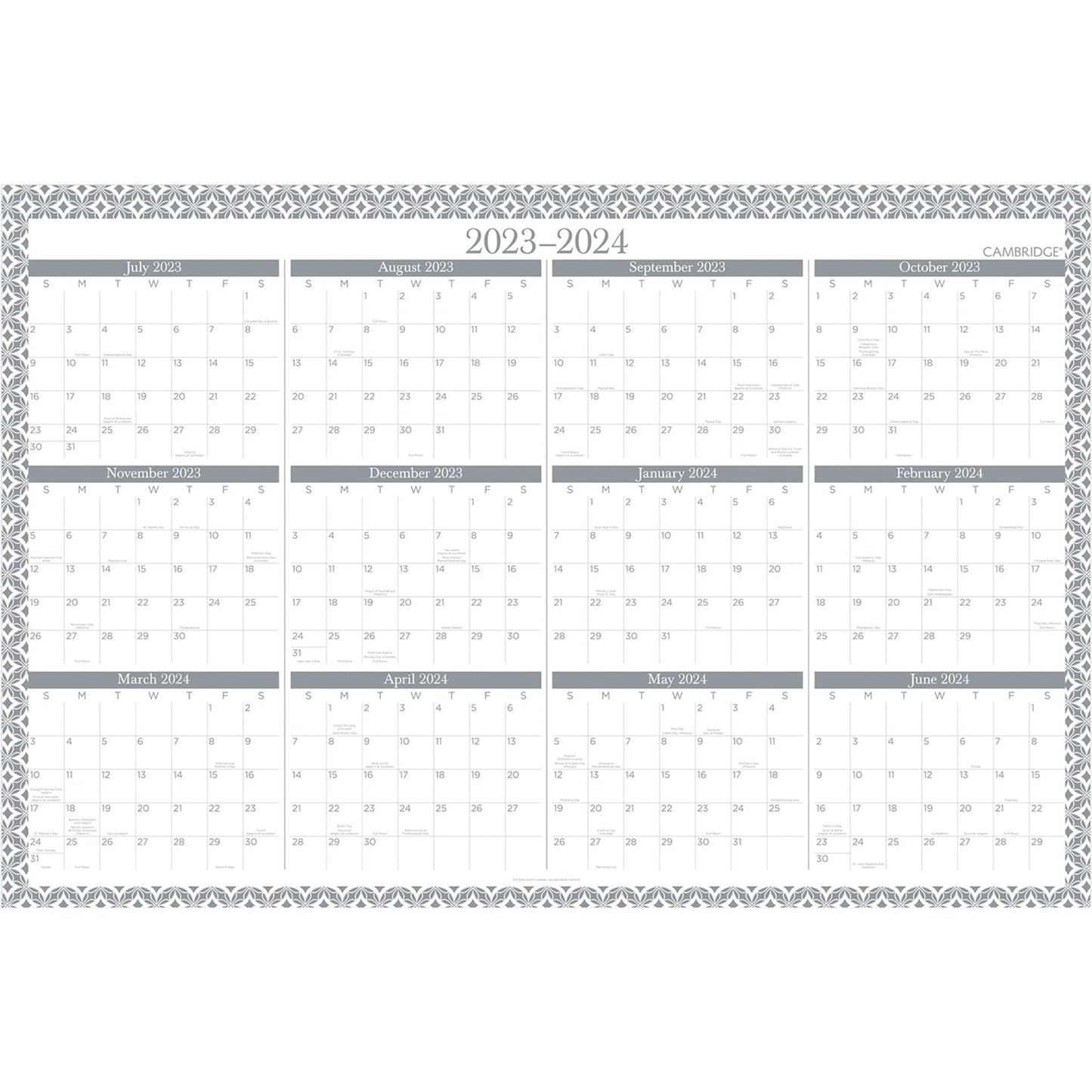 Cambridge 2023-2024 Erasable Wall Calendar, 24" x 36", Large, Academic & Regular Year, Dry Erase, Reversible, Vertical/Horizontal, Maeve (1665-550SB)