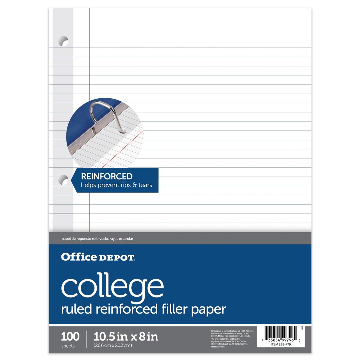 Office Depot� Brand Reinforced Filler Paper, 8" x 10 1/2", 16 Lb, College Ruled, White, Pack Of 100