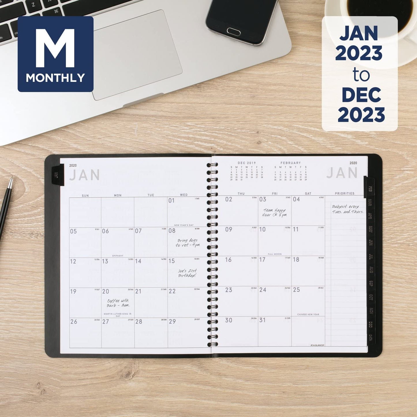 AT-A-GLANCE 2023 Monthly Planner, 12 Month Pocket Calendar, 7" x 8-3/4", Medium, Monthly Tabs, Faux Leather, Contemporary, Black (70120X05)