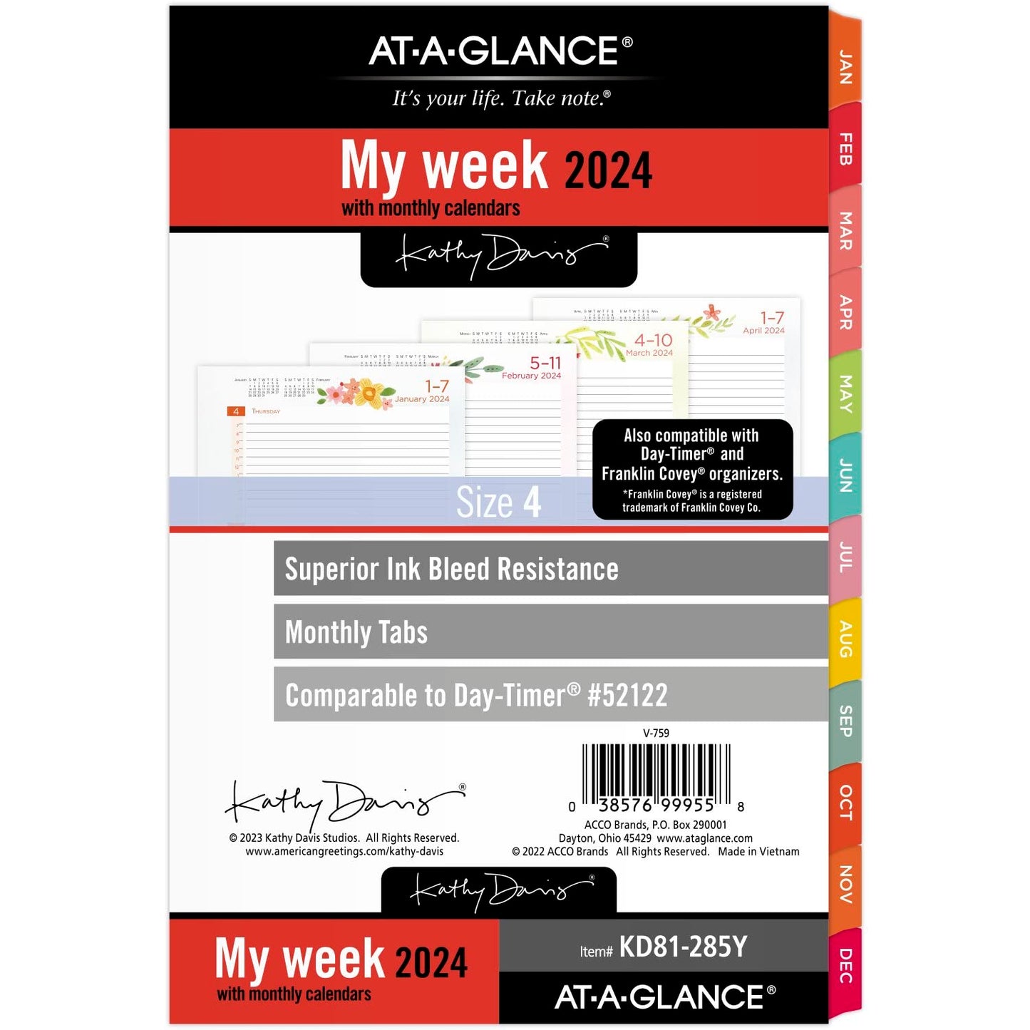 AT-A-GLANCE 2024 Weekly & Monthly Planner Refill, 52122 Day-Timer, 5-1/2" x 8-1/2", Size 4, Desk Size, Kathy Davis (KD81-285Y-24)