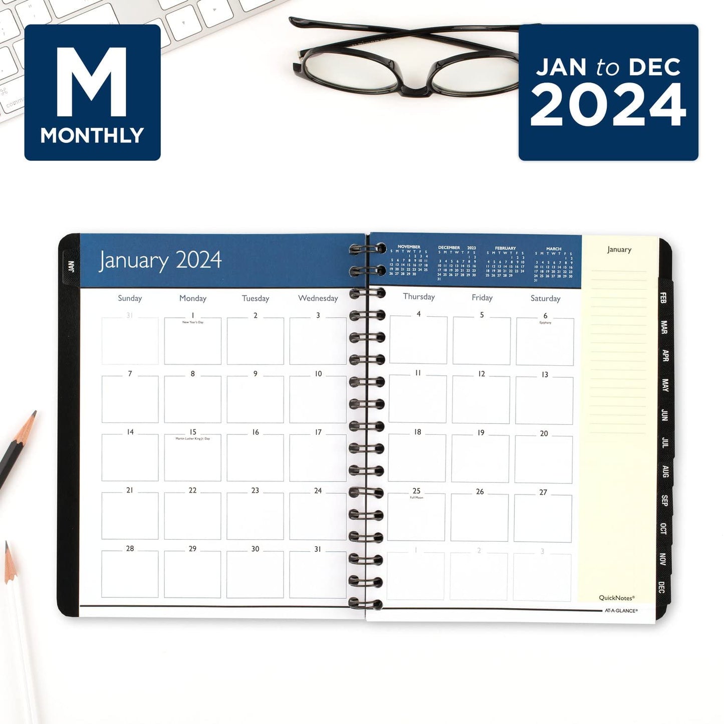 AT-A-GLANCE 2024 Weekly & Monthly Planner, 6-1/2" x 8-3/4", Medium, QuickNotes, Black (7602520524)