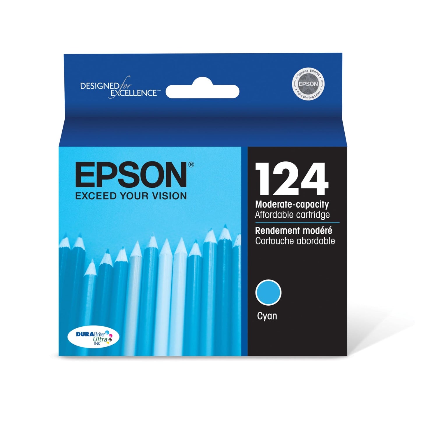 Epson 124 DURABrite Ultra Ink Standard Capacity Cyan Cartridge (T124220-S) Works with Stylus NX-125, NX-127, NX-130, NX-230, NX-330, NX-420, NX-430, WorkForce WF-320, WF-323, WF-325, WF-435